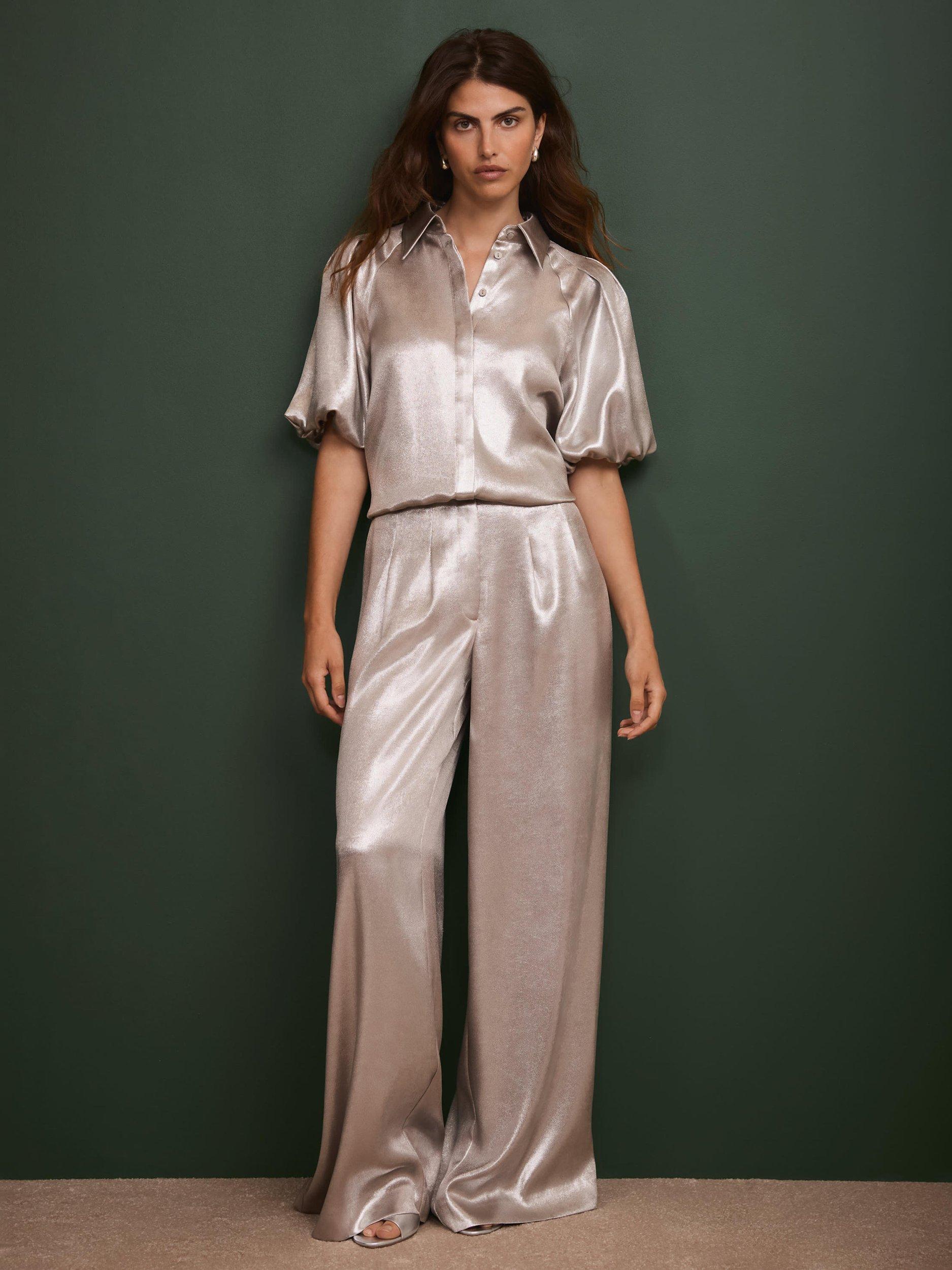 Product image 2 of 6, which shows Mint Velvet Metallic Wide Leg Trousers, Gold, 16R