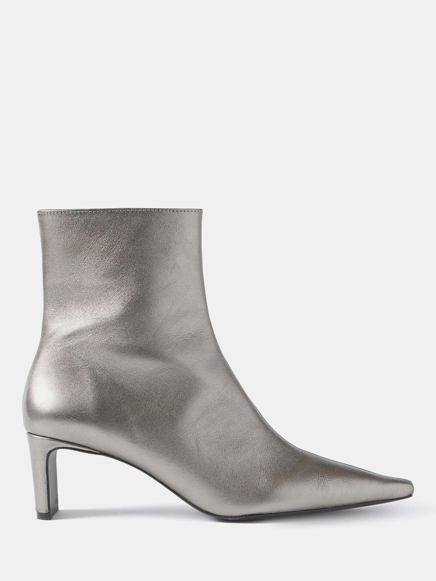 Product image 1 of 6, which shows Mint Velvet Leather Pointed Toe Kitten Heel Ankle Boots, Silver, 4