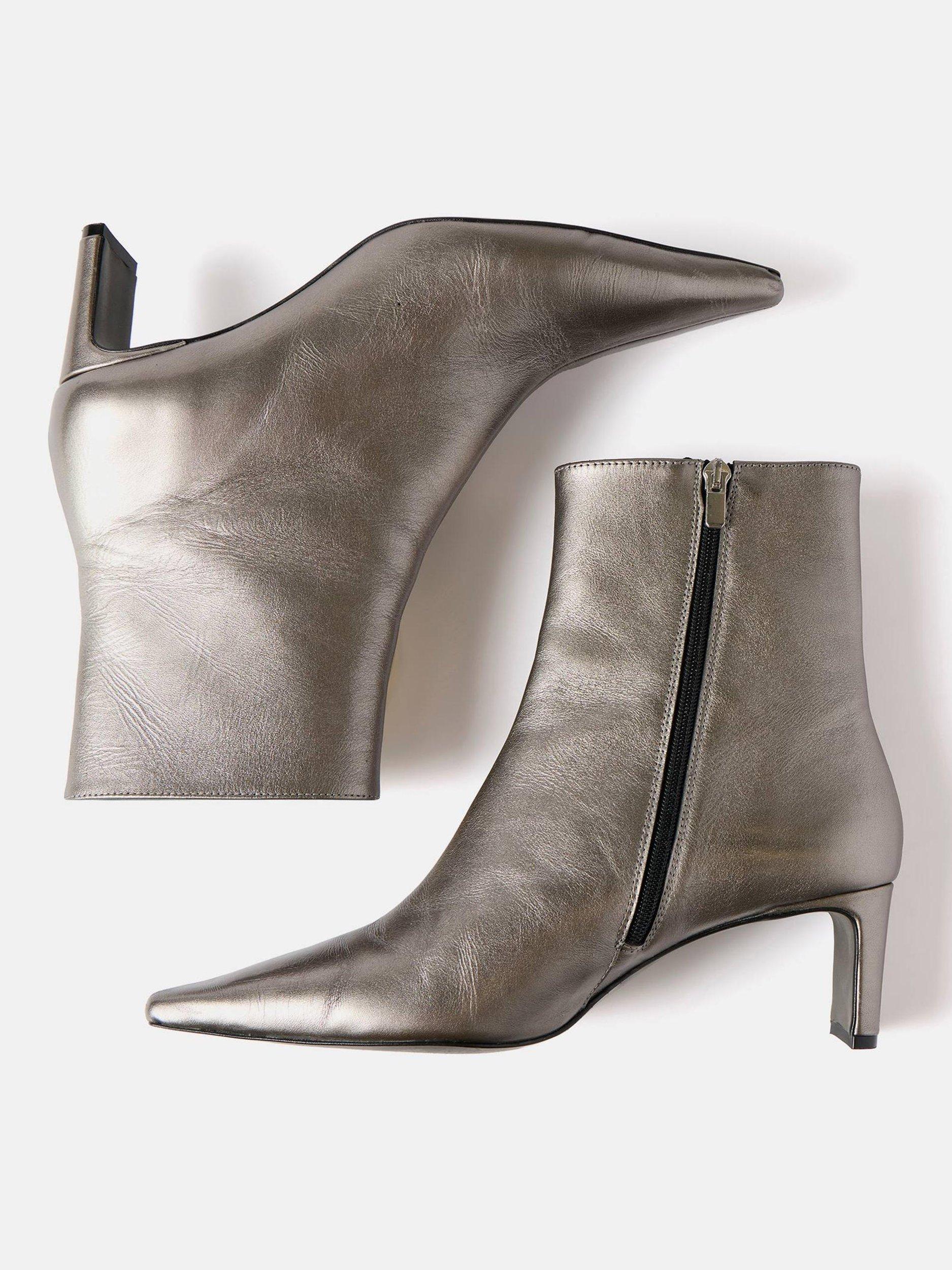 Product image 6 of 6, which shows Mint Velvet Leather Pointed Toe Kitten Heel Ankle Boots, Silver, 4