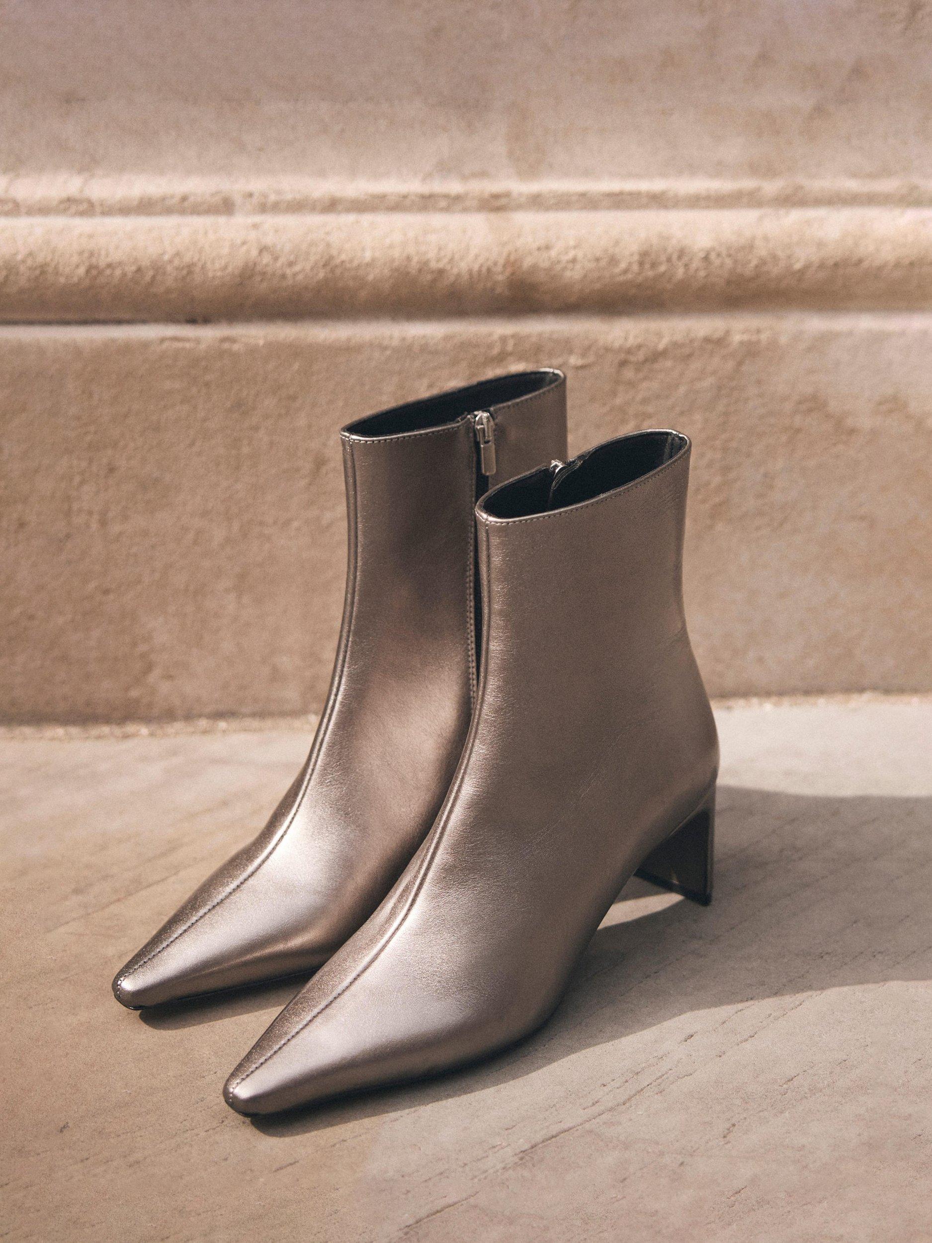 Product image 2 of 6, which shows Mint Velvet Leather Pointed Toe Kitten Heel Ankle Boots, Silver, 4