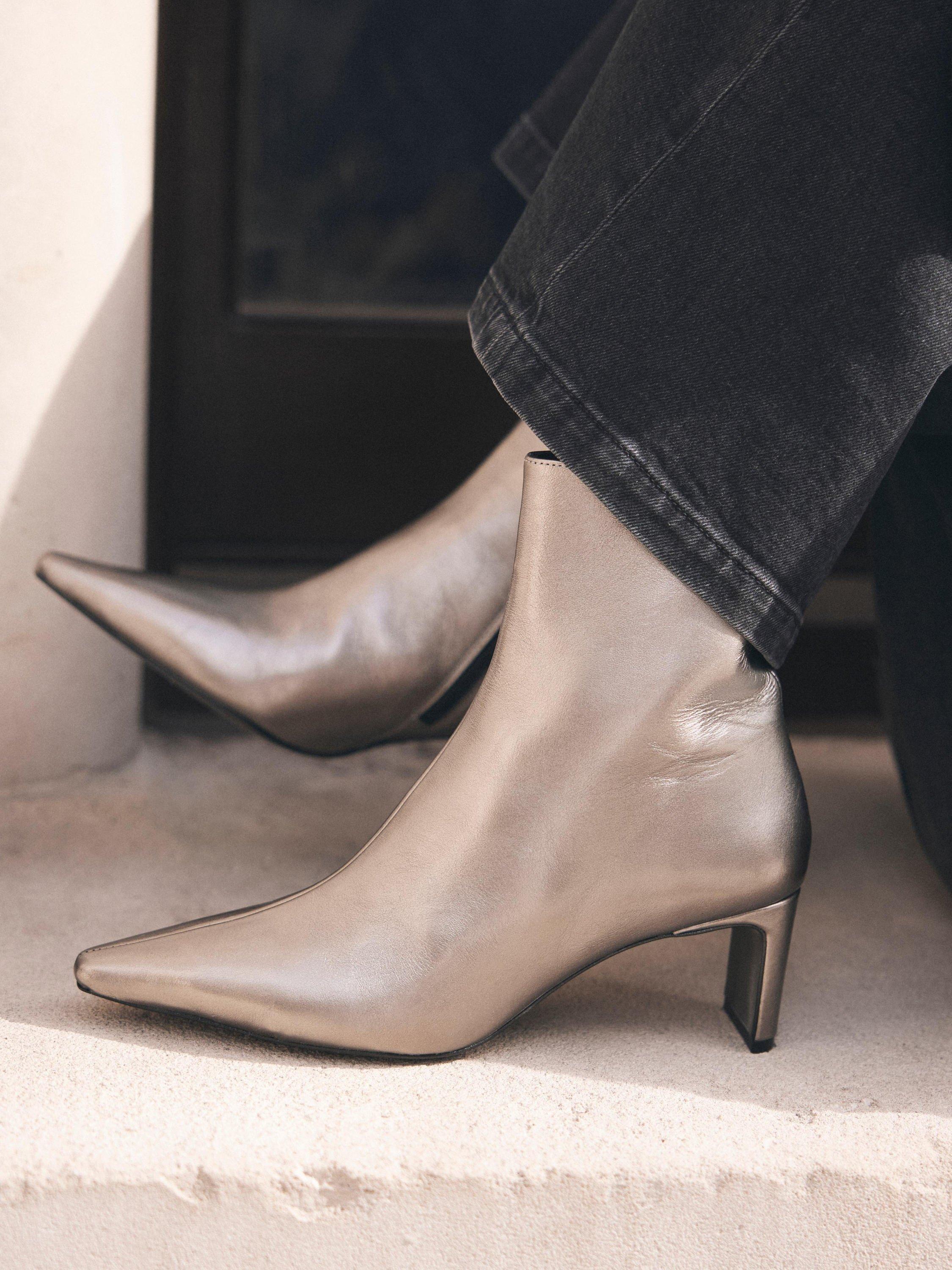 Product image 3 of 6, which shows Mint Velvet Leather Pointed Toe Kitten Heel Ankle Boots, Silver, 4