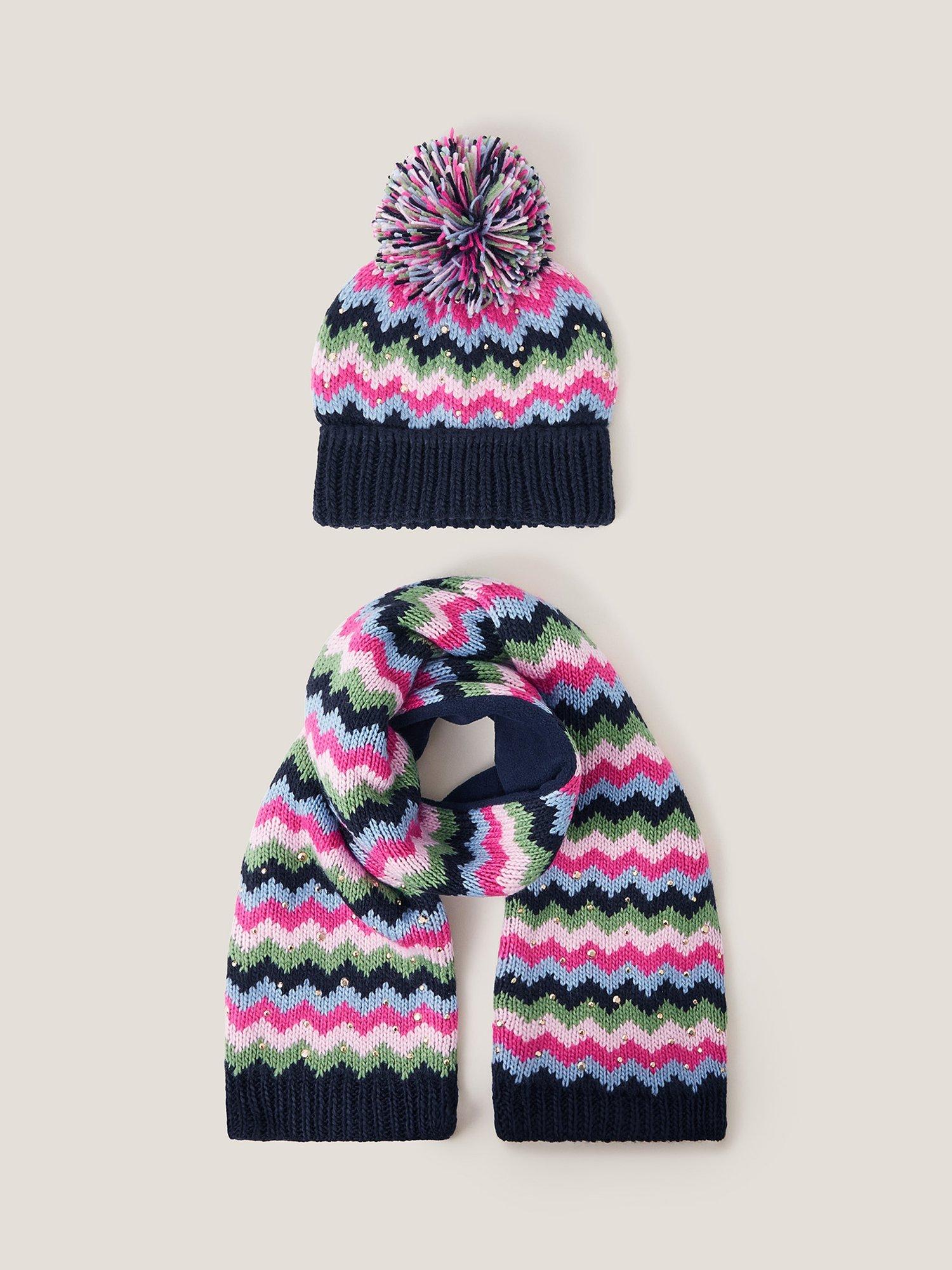 Product image 1 of 2, which shows Monsoon Kids' Zig Zag Bobble Hat & Scarf Set, Multi, 3-6 years