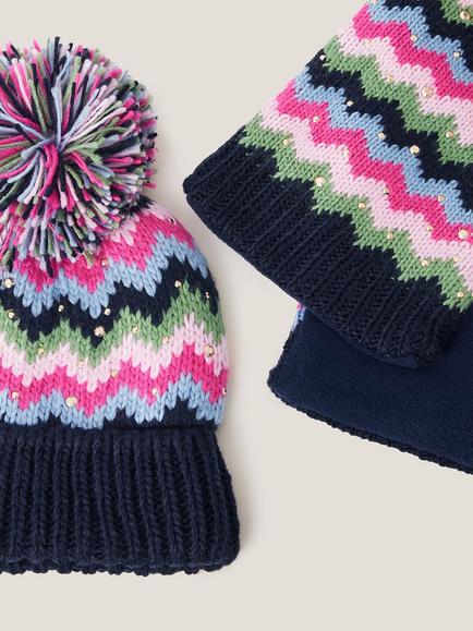 Monsoon Kids' Zig Zag Bobble Hat & Scarf Set, Multi - view 2, Multi
