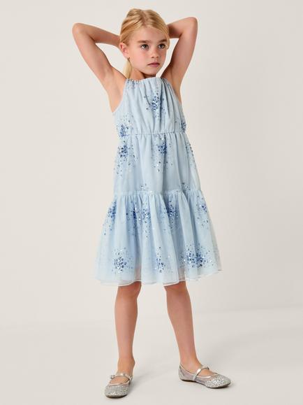 Monsoon Kids' Tilly Sequin Tiered Party Dress, Pale Blue, Pale Blue