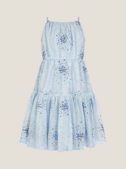 Monsoon Kids' Tilly Sequin Tiered Party Dress, Pale Blue - view 2, Pale Blue
