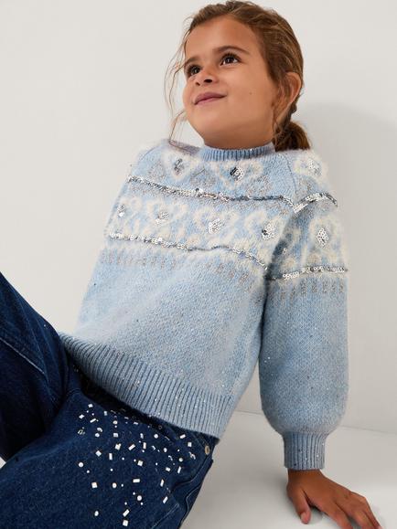 Monsoon Kids' Fair Isle Sparkle Heart Jumper, Blue, Blue