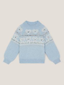 Monsoon Kids' Fair Isle Sparkle Heart Jumper, Blue - view 2, Blue