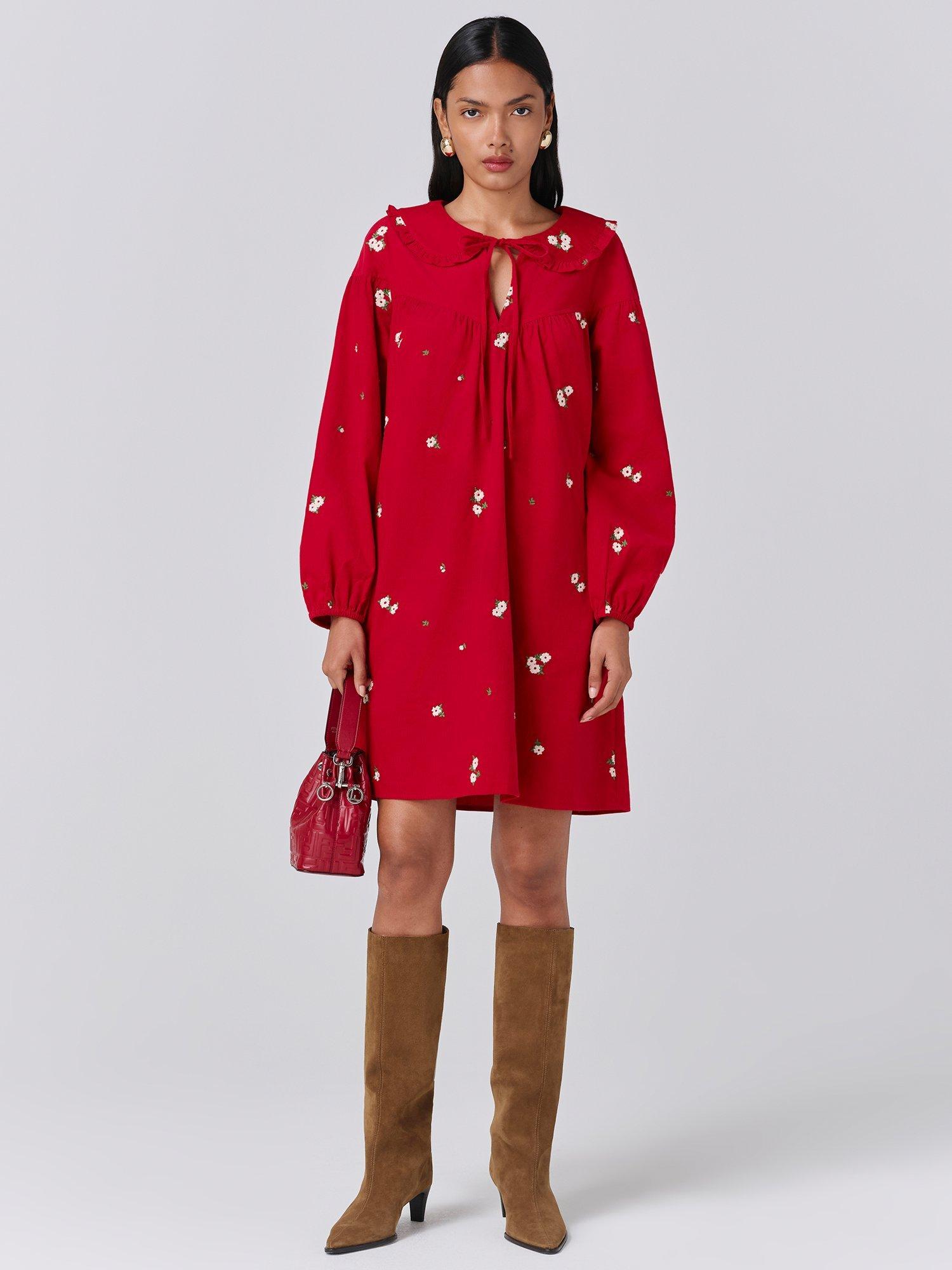 Product image 1 of 5, which shows Ghost Alaia Embroidered Corduroy Dress, Red, XS