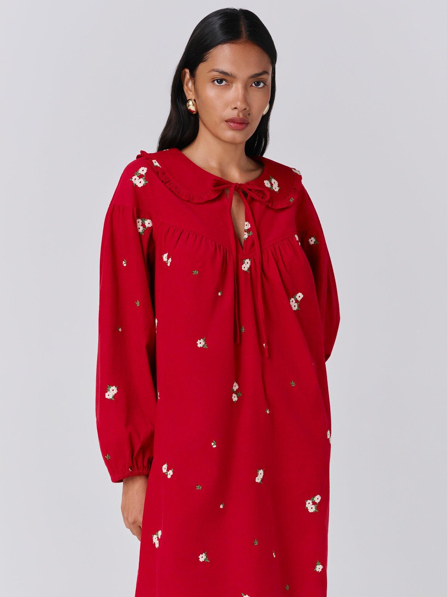 Product image 2 of 5, which shows Ghost Alaia Embroidered Corduroy Dress, Red, XS