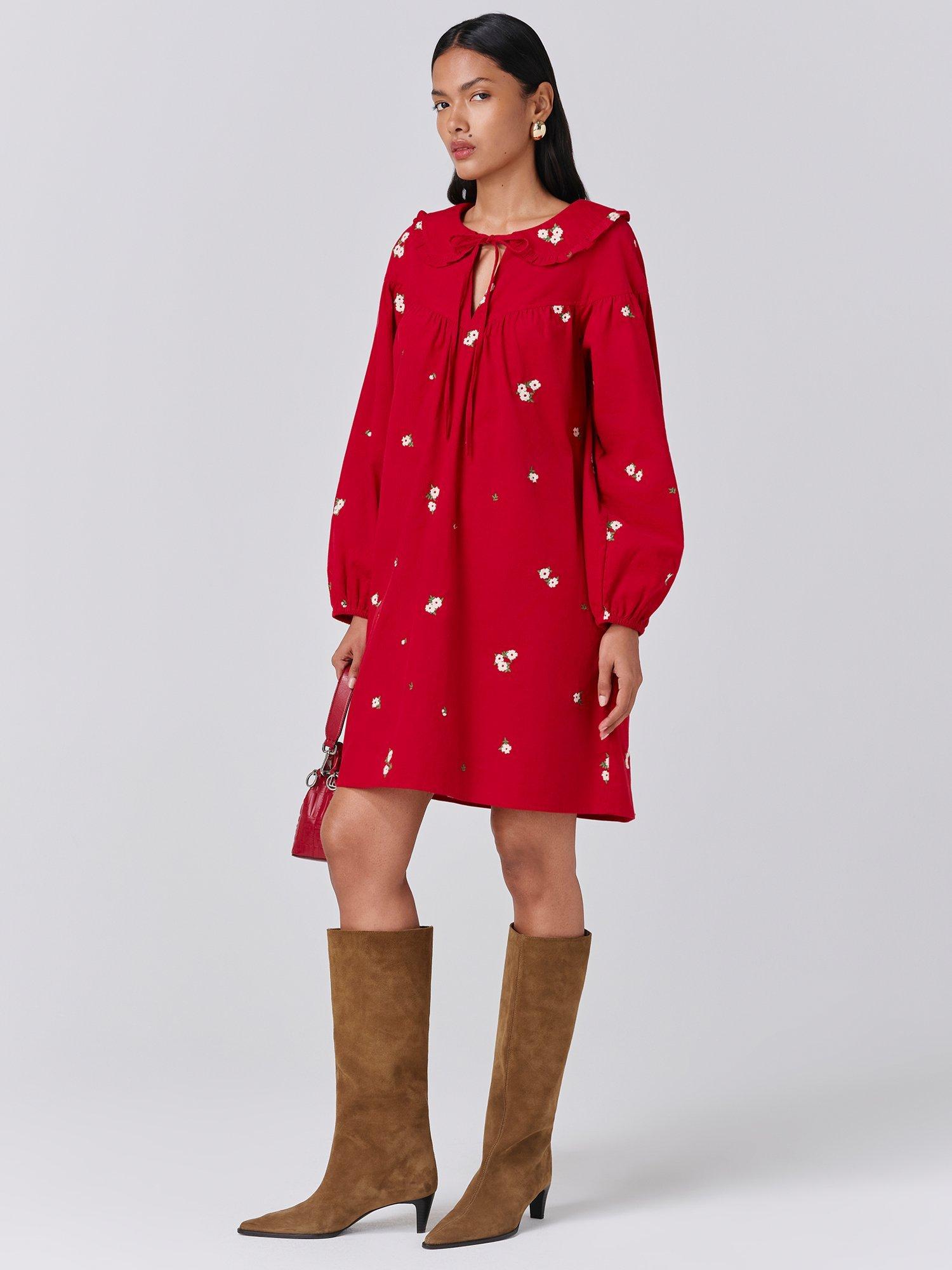 Product image 4 of 5, which shows Ghost Alaia Embroidered Corduroy Dress, Red, XS