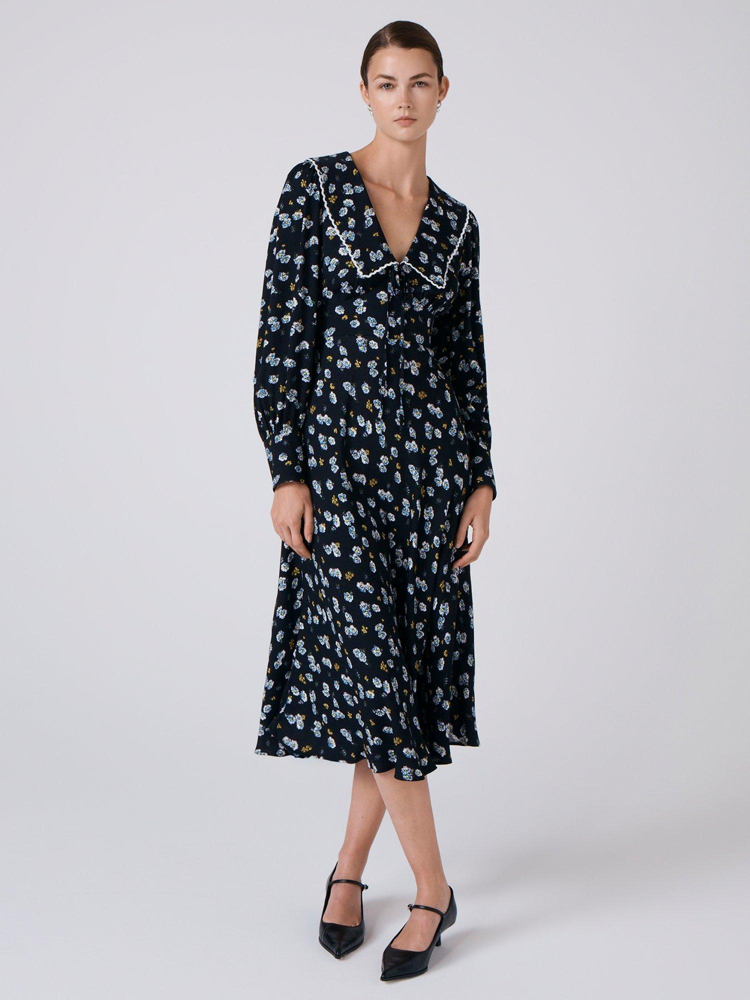 Product image 1 of 5, which shows Ghost Ashley Floral Midi Dress, Black/Multi, XS