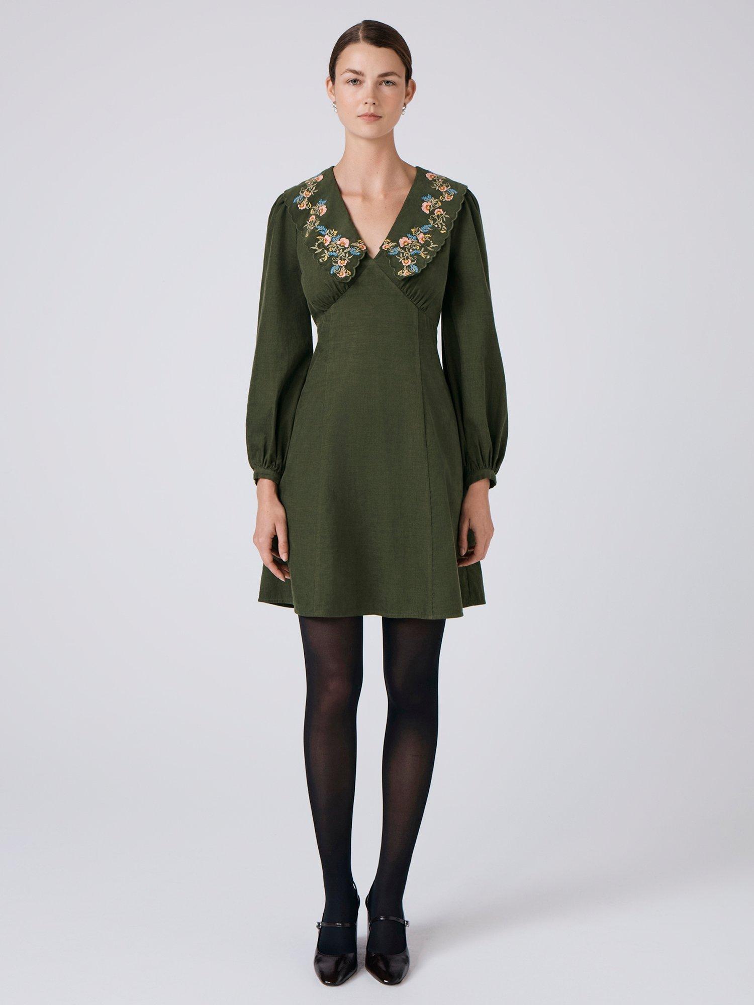 Product image 1 of 5, which shows Ghost Blakely Embroidered Collar Corduroy Dress, Green, S