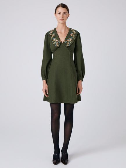 Ghost Blakely Embroidered Collar Corduroy Dress, Green