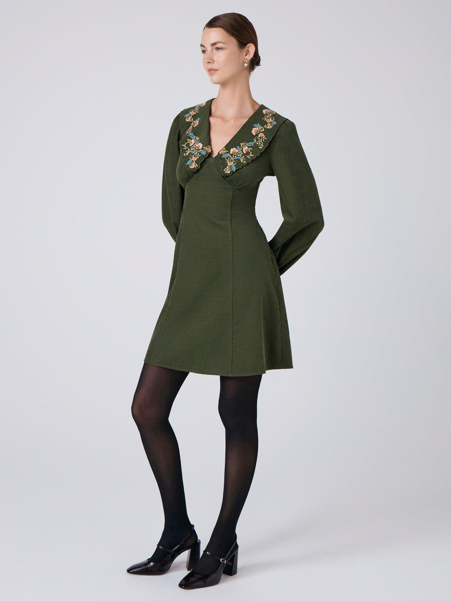Product image 2 of 5, which shows Ghost Blakely Embroidered Collar Corduroy Dress, Green, S