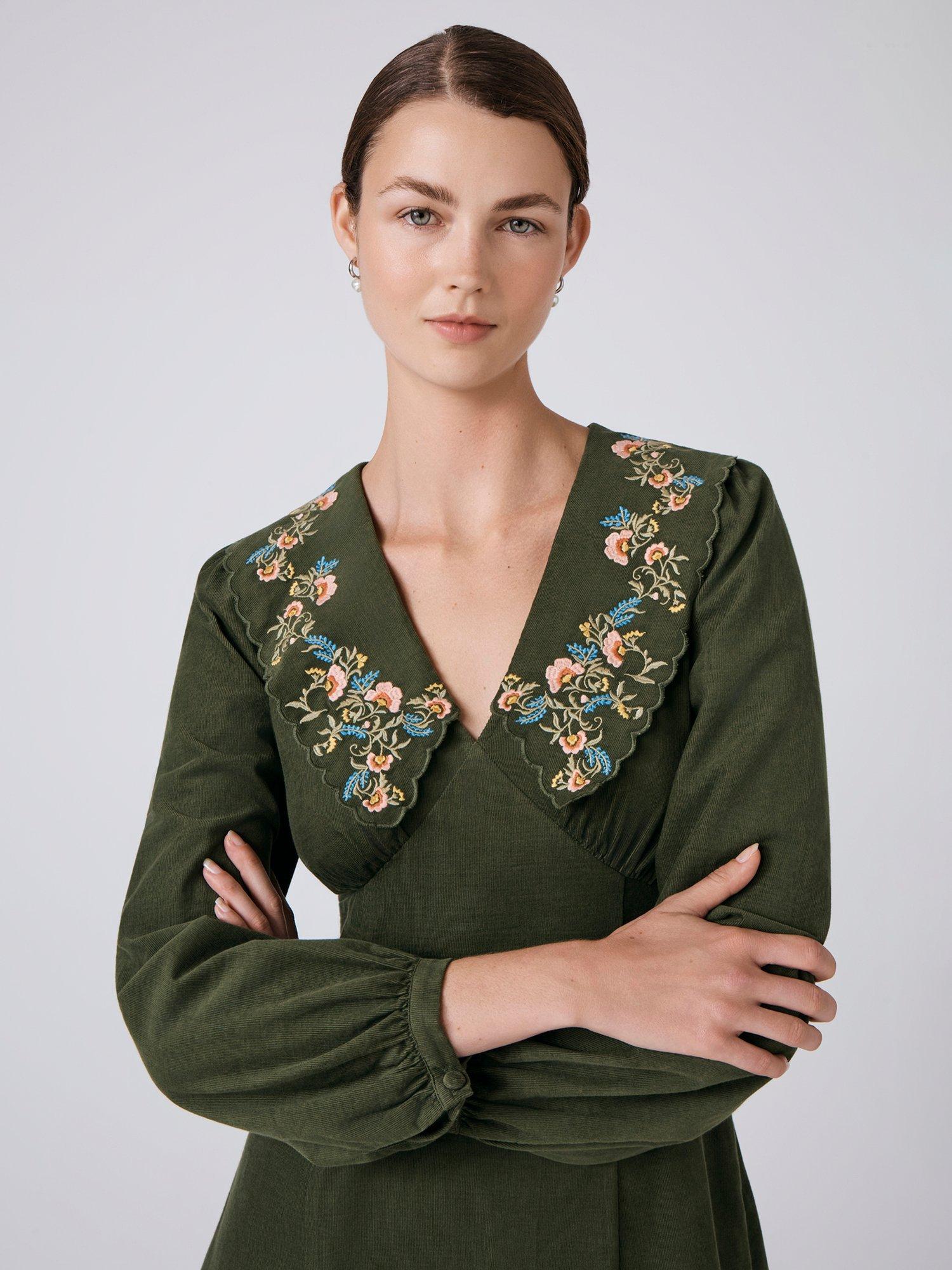 Product image 3 of 5, which shows Ghost Blakely Embroidered Collar Corduroy Dress, Green, S