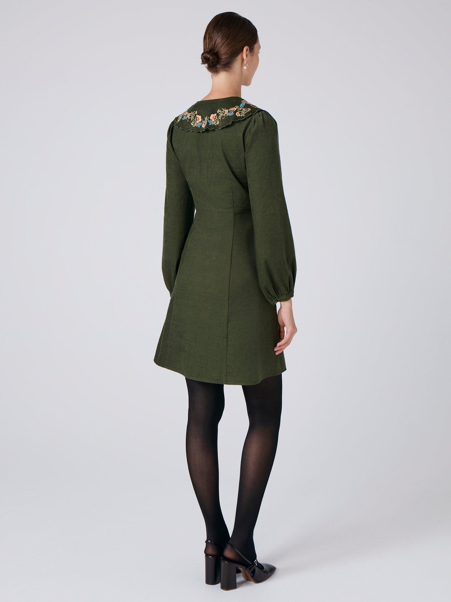 Product image 5 of 5, which shows Ghost Blakely Embroidered Collar Corduroy Dress, Green, S