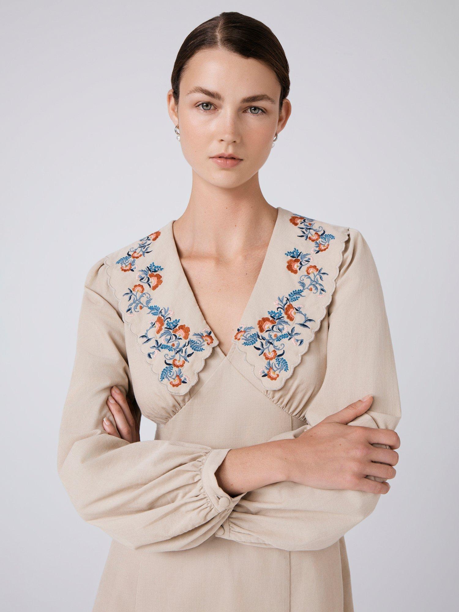 Product image 4 of 5, which shows Ghost Blakely Embroidered Collar Corduroy Dress, Stone, XS