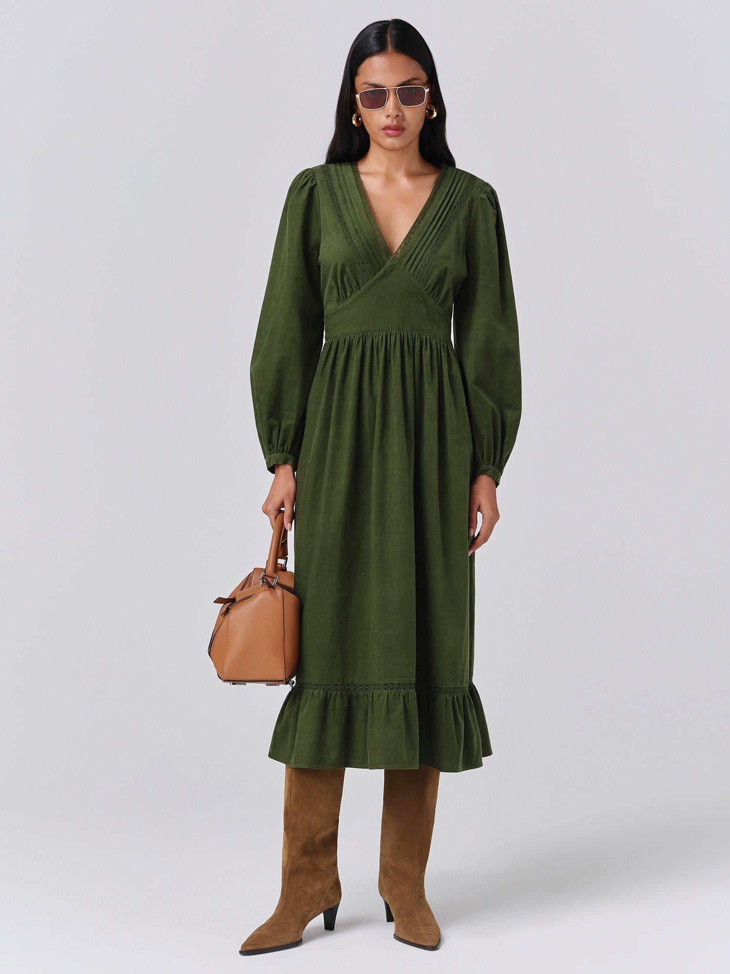 Product image 1 of 5, which shows Ghost Gracie Corduroy Midi Dress, Green, XS
