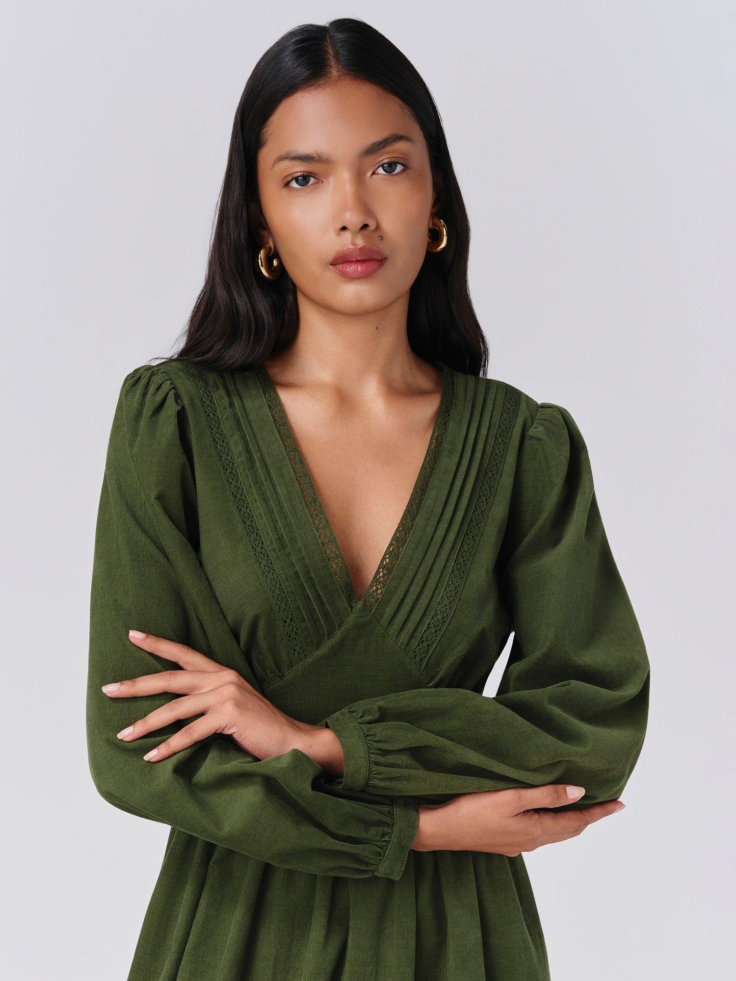 Product image 2 of 5, which shows Ghost Gracie Corduroy Midi Dress, Green, XS