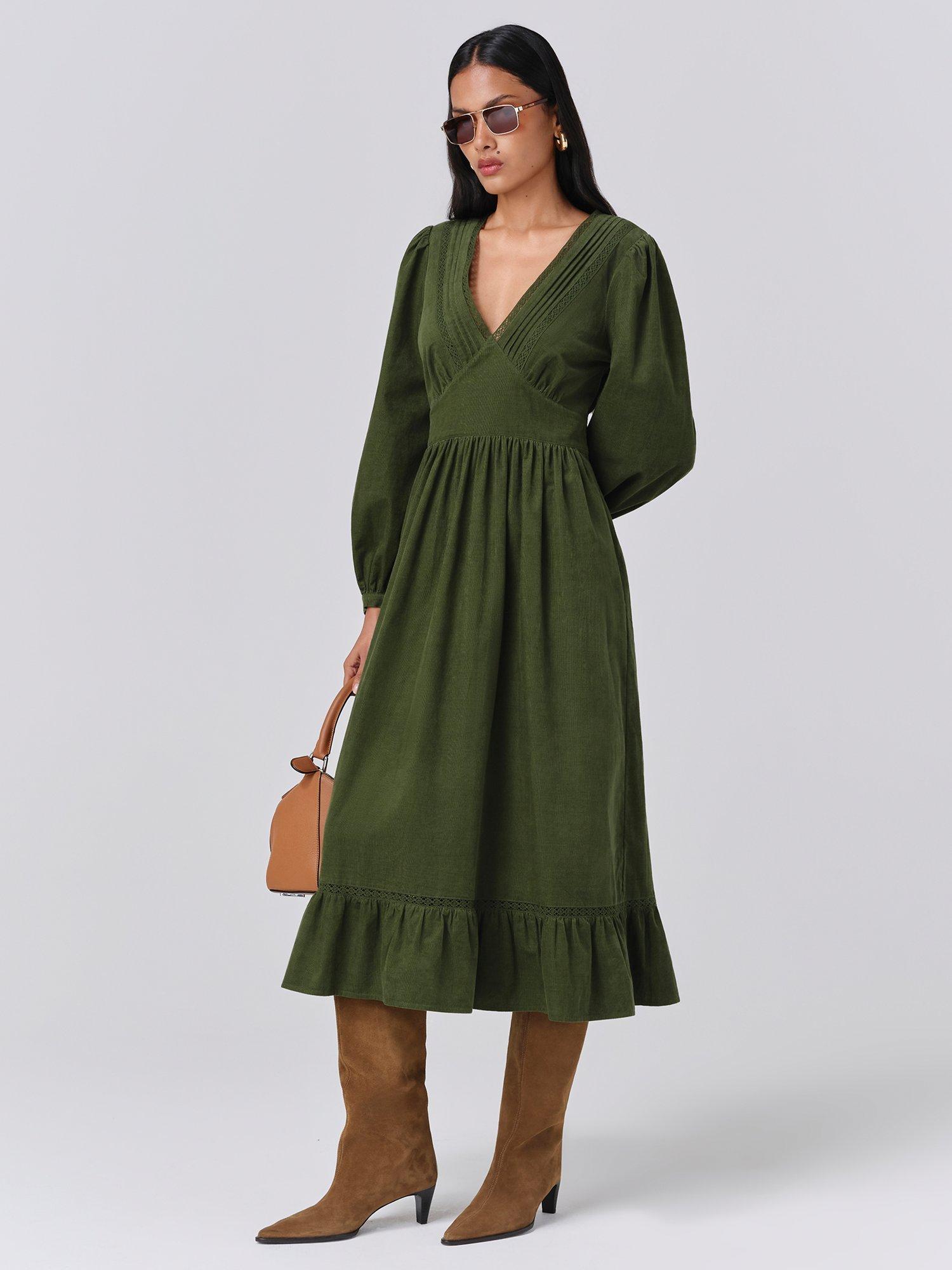 Product image 3 of 5, which shows Ghost Gracie Corduroy Midi Dress, Green, XS