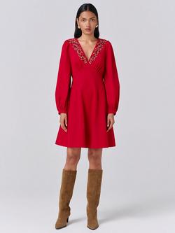 Ghost Eliza Embroidered Neck Dress, Red