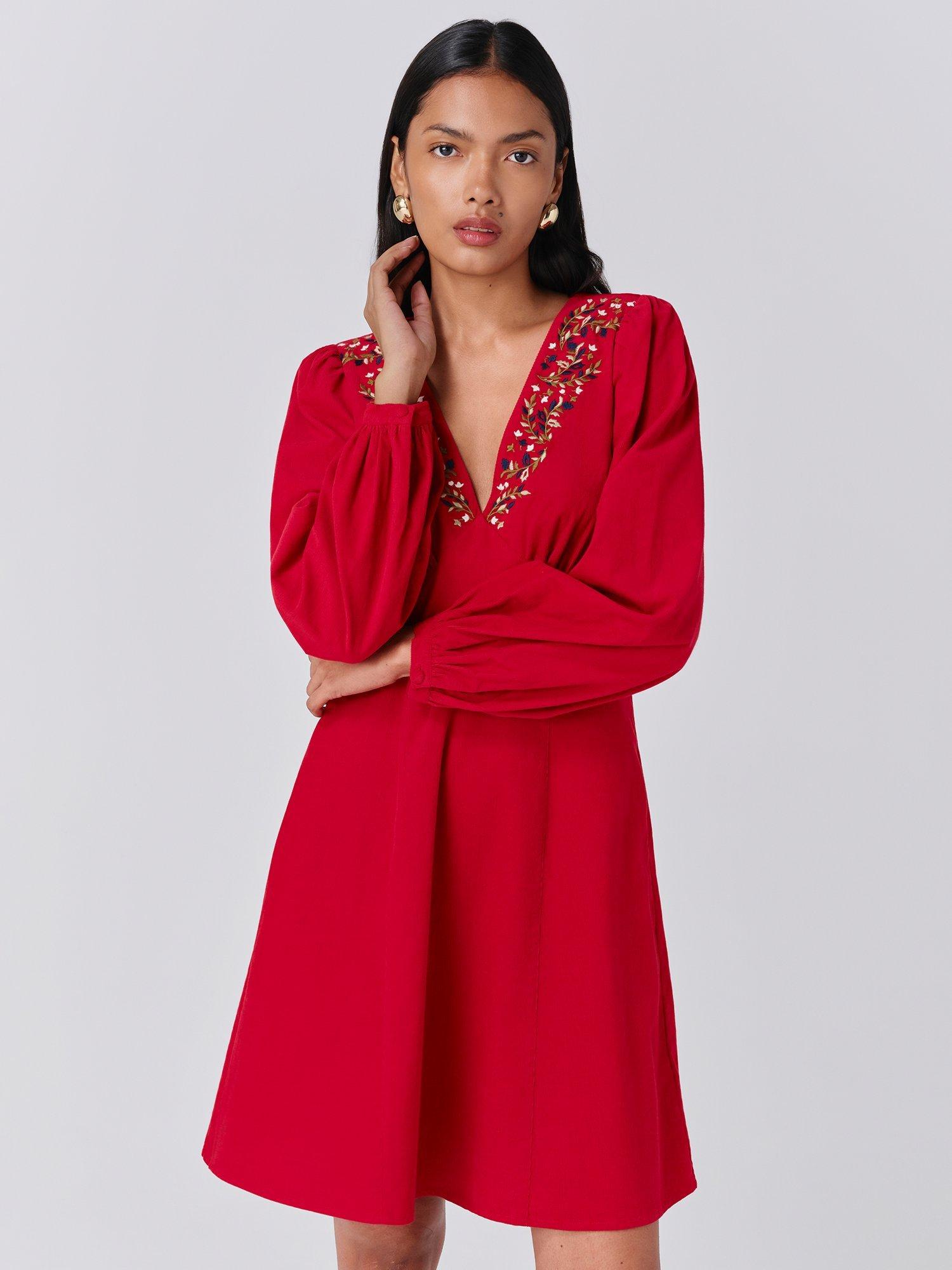 Product image 2 of 4, which shows Ghost Eliza Embroidered Neck Dress, Red, XS