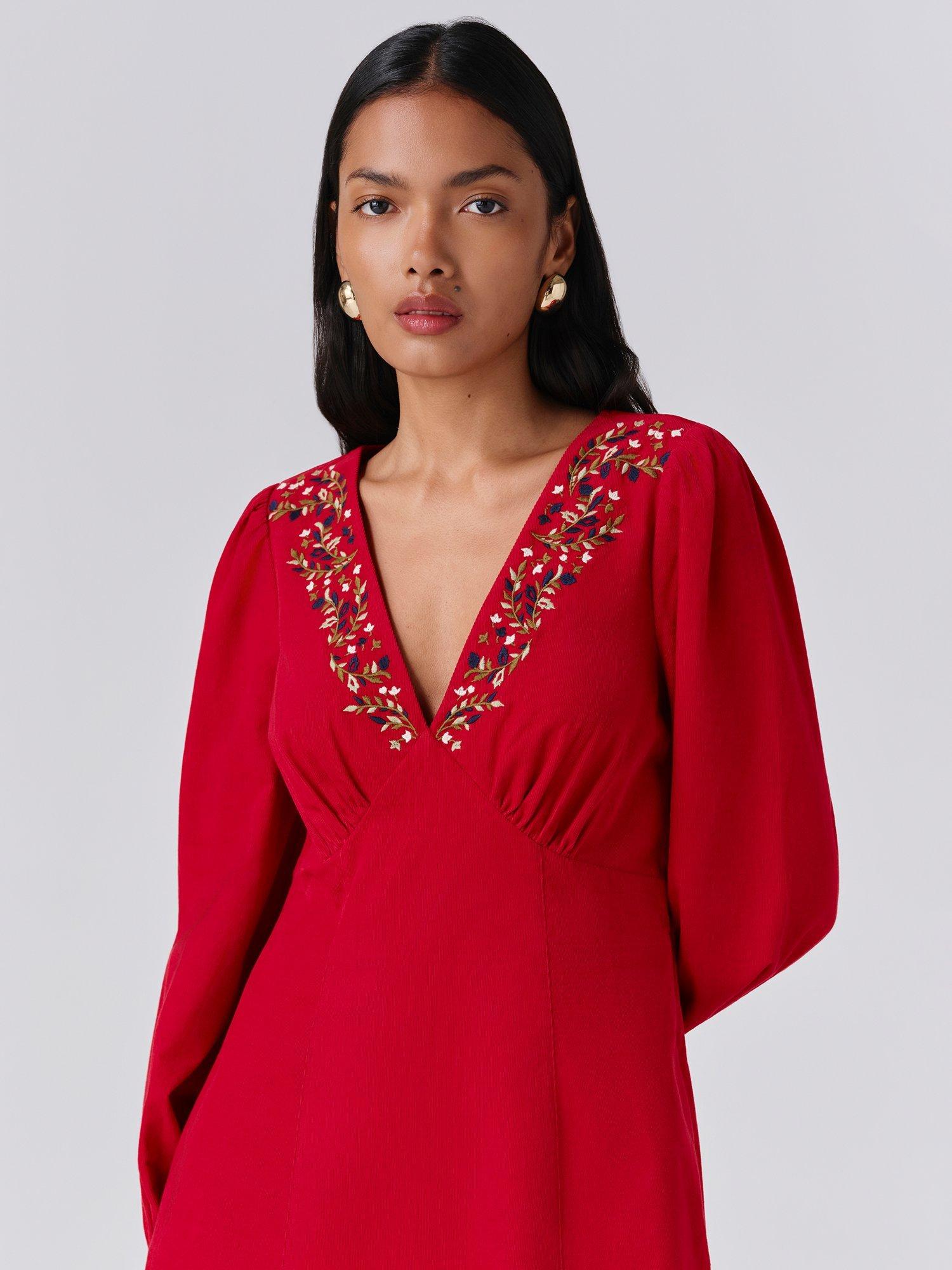 Product image 3 of 4, which shows Ghost Eliza Embroidered Neck Dress, Red, XS