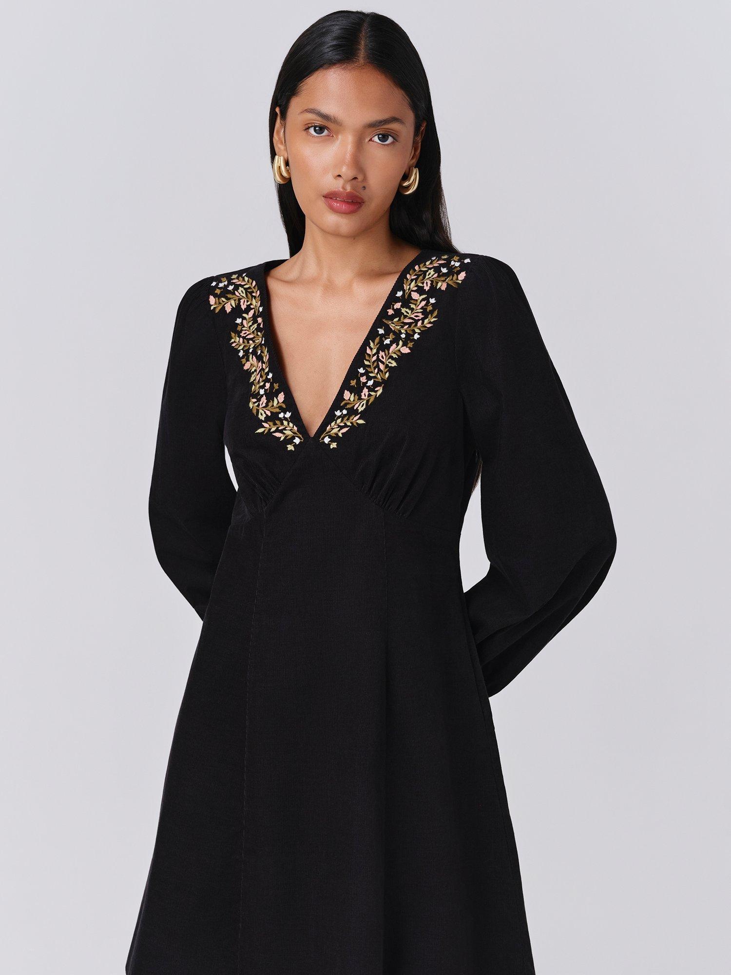 Product image 3 of 5, which shows Ghost Eliza Embroidered Neck Dress, Black, XS