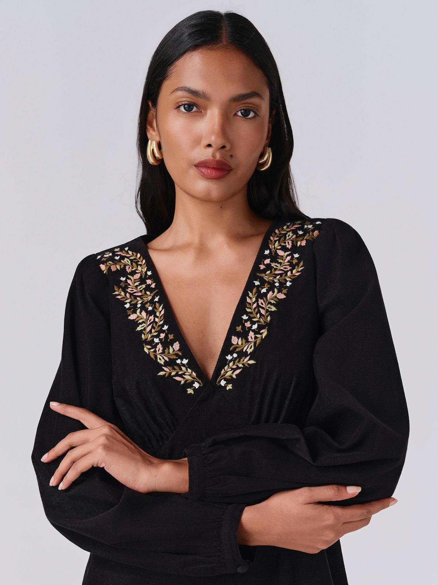 Product image 4 of 5, which shows Ghost Eliza Embroidered Neck Dress, Black, XS