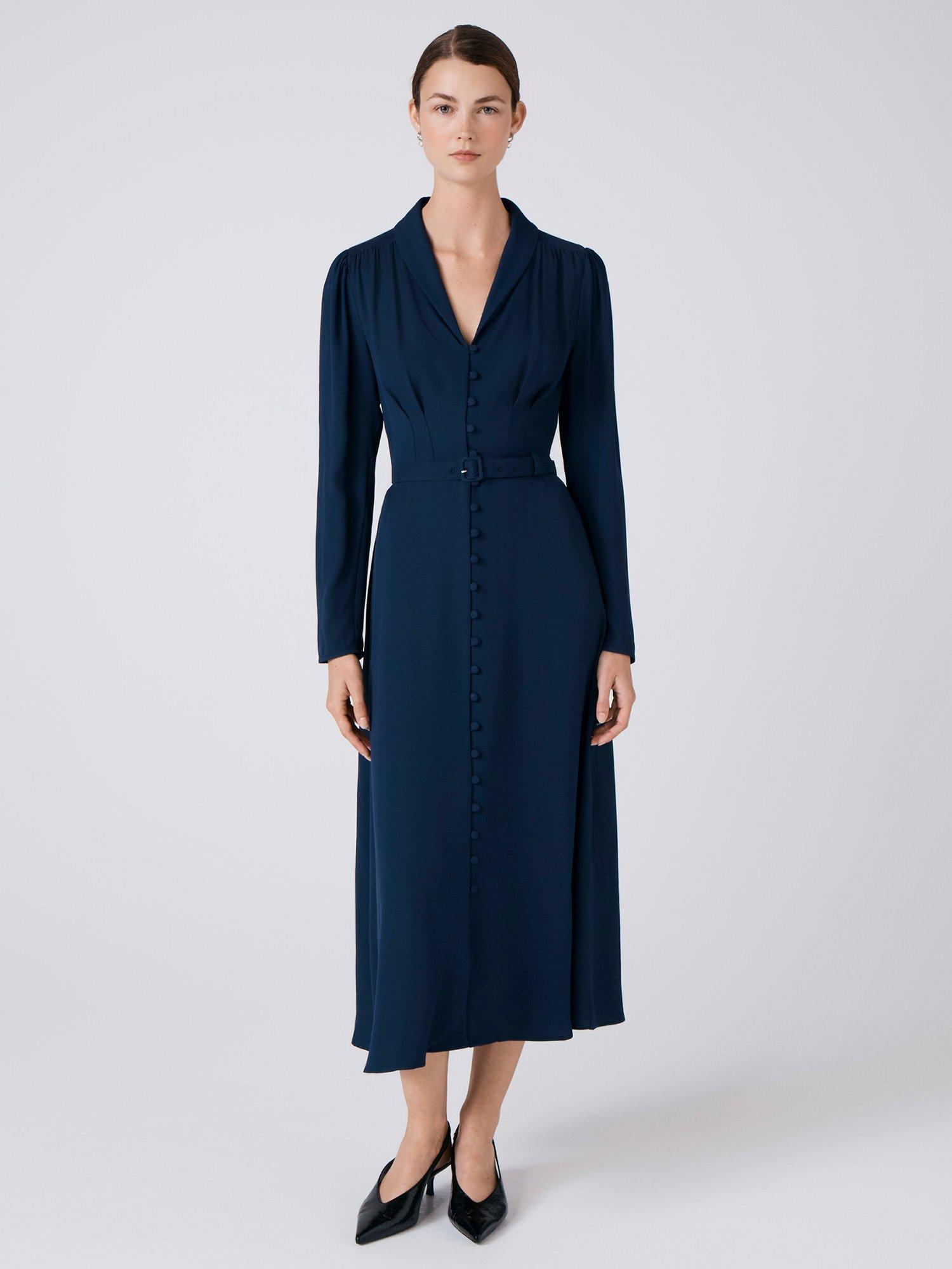 Product image 1 of 5, which shows Ghost Elena Crepe Midi Dress, Navy, XS