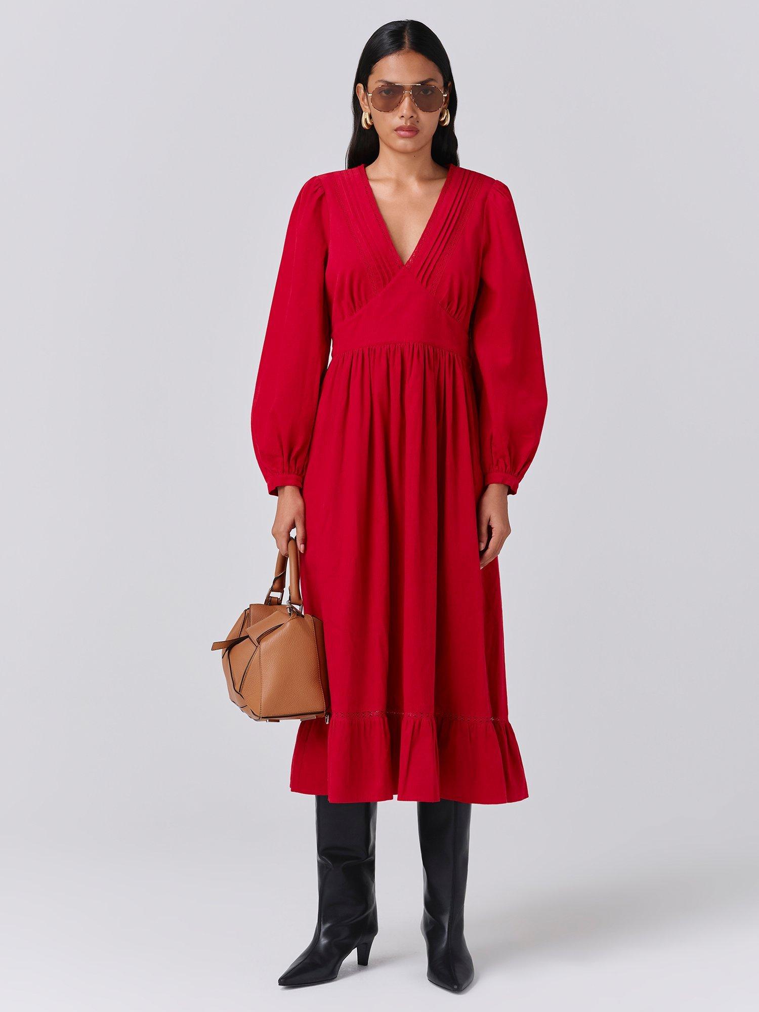Product image 1 of 5, which shows Ghost Gracie Corduroy Midi Dress, Red, XS