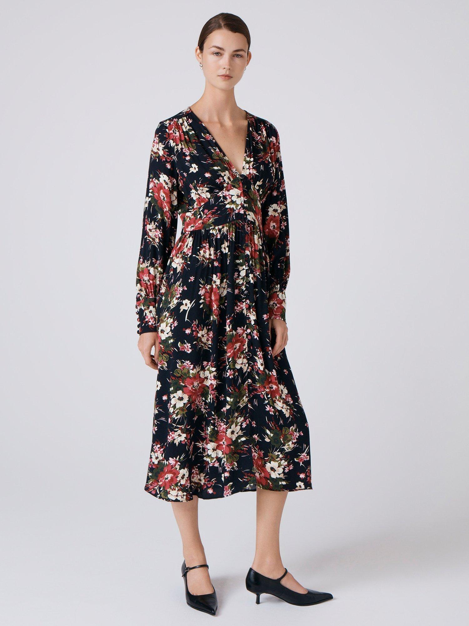 Product image 1 of 5, which shows Ghost Jade Floral Midi Dress, Black/Multi, XS