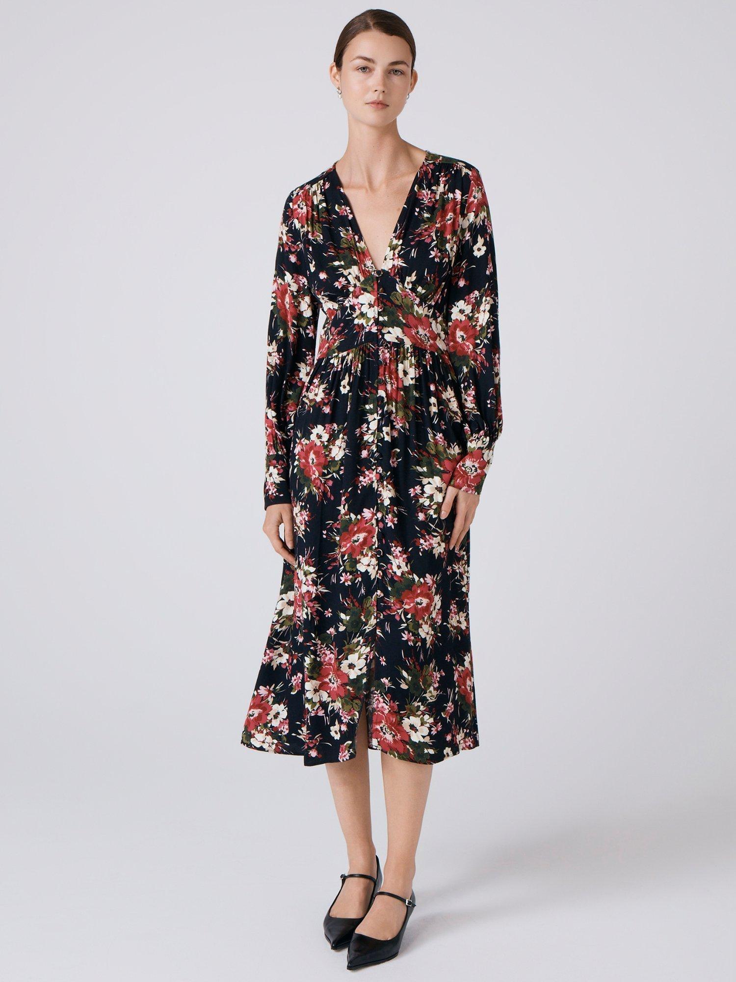 Product image 2 of 5, which shows Ghost Jade Floral Midi Dress, Black/Multi, XS