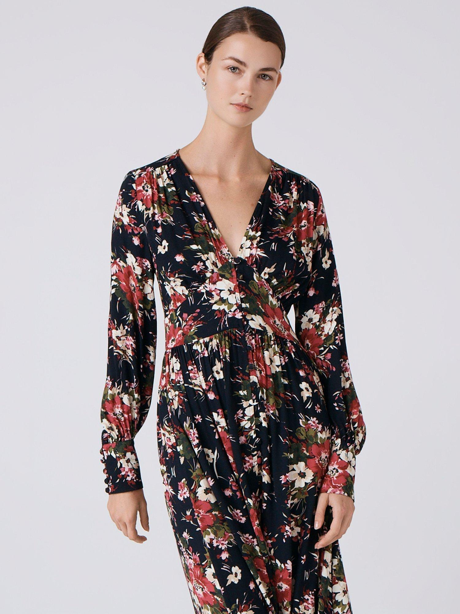 Product image 3 of 5, which shows Ghost Jade Floral Midi Dress, Black/Multi, XS