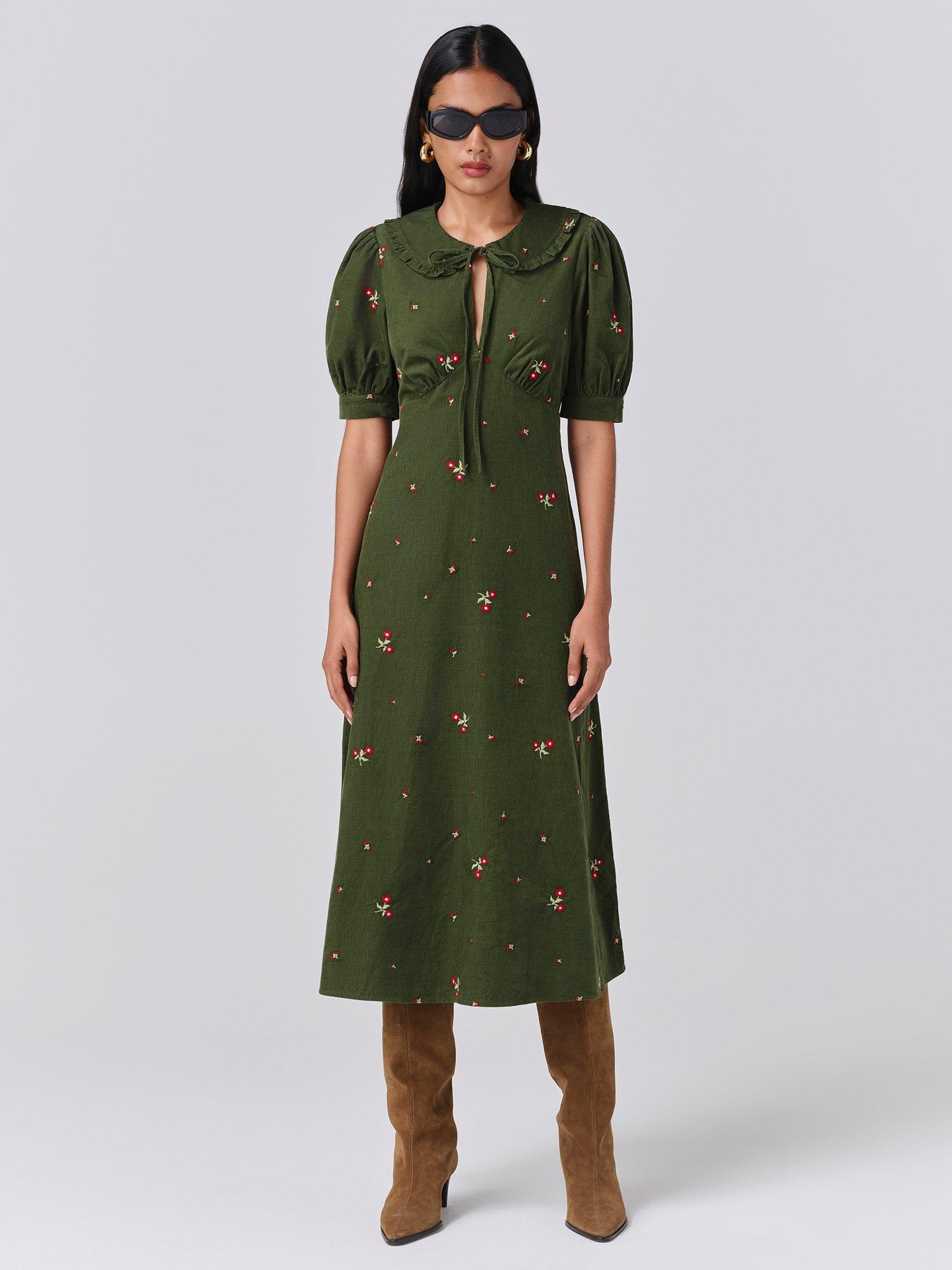 Product image 1 of 5, which shows Ghost Juniper Corduroy Midi Dress, Green, XS