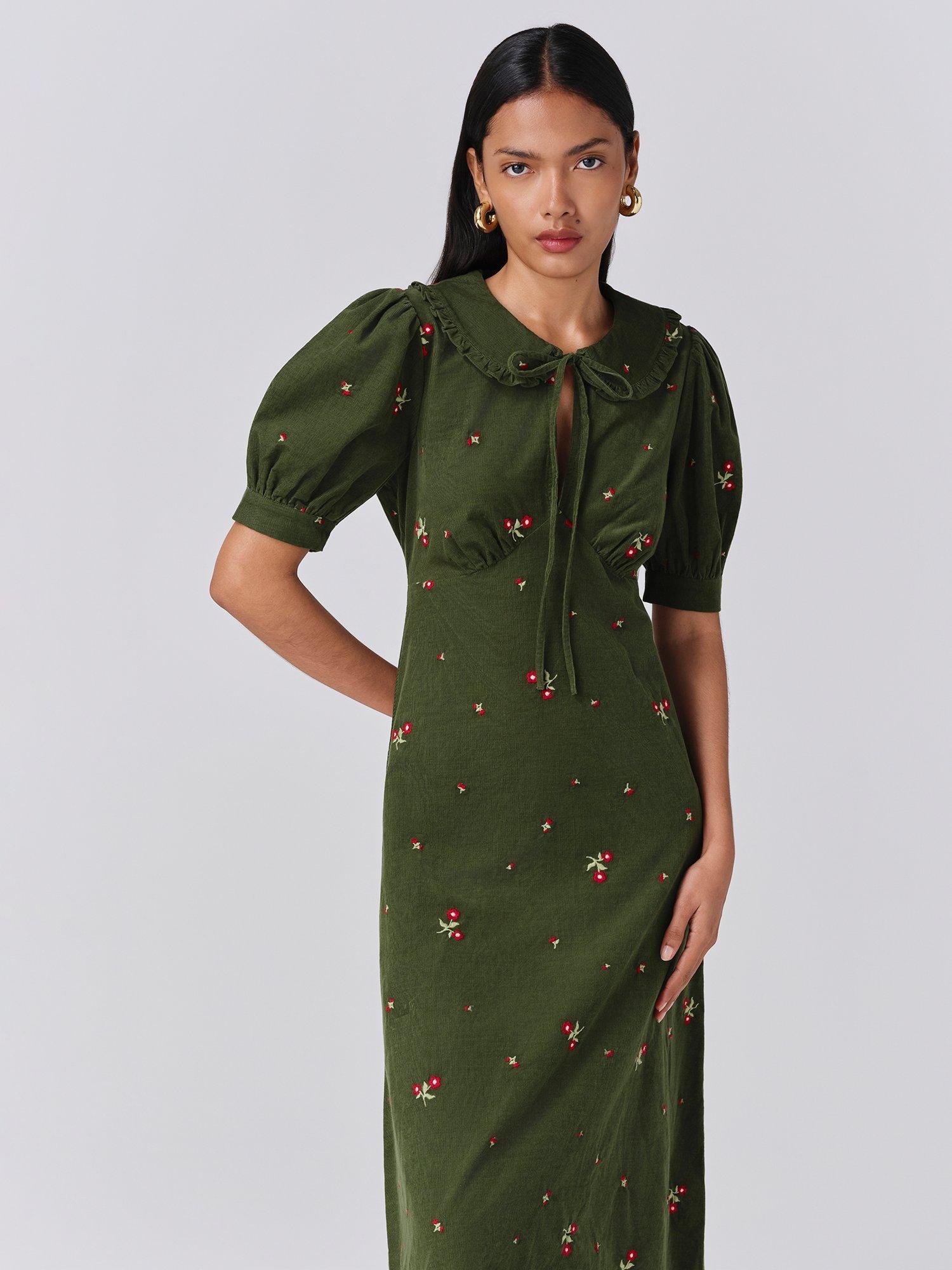 Product image 2 of 5, which shows Ghost Juniper Corduroy Midi Dress, Green, XS