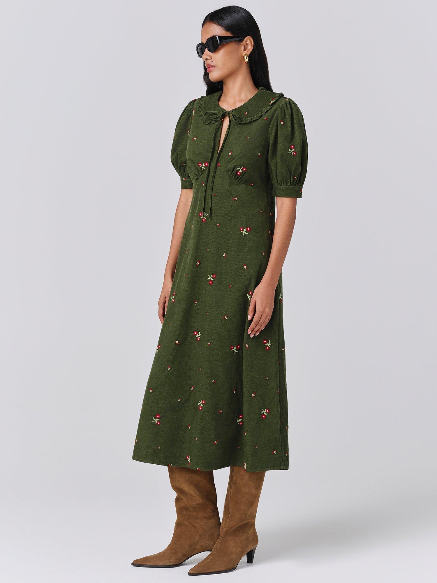 Product image 4 of 5, which shows Ghost Juniper Corduroy Midi Dress, Green, XS