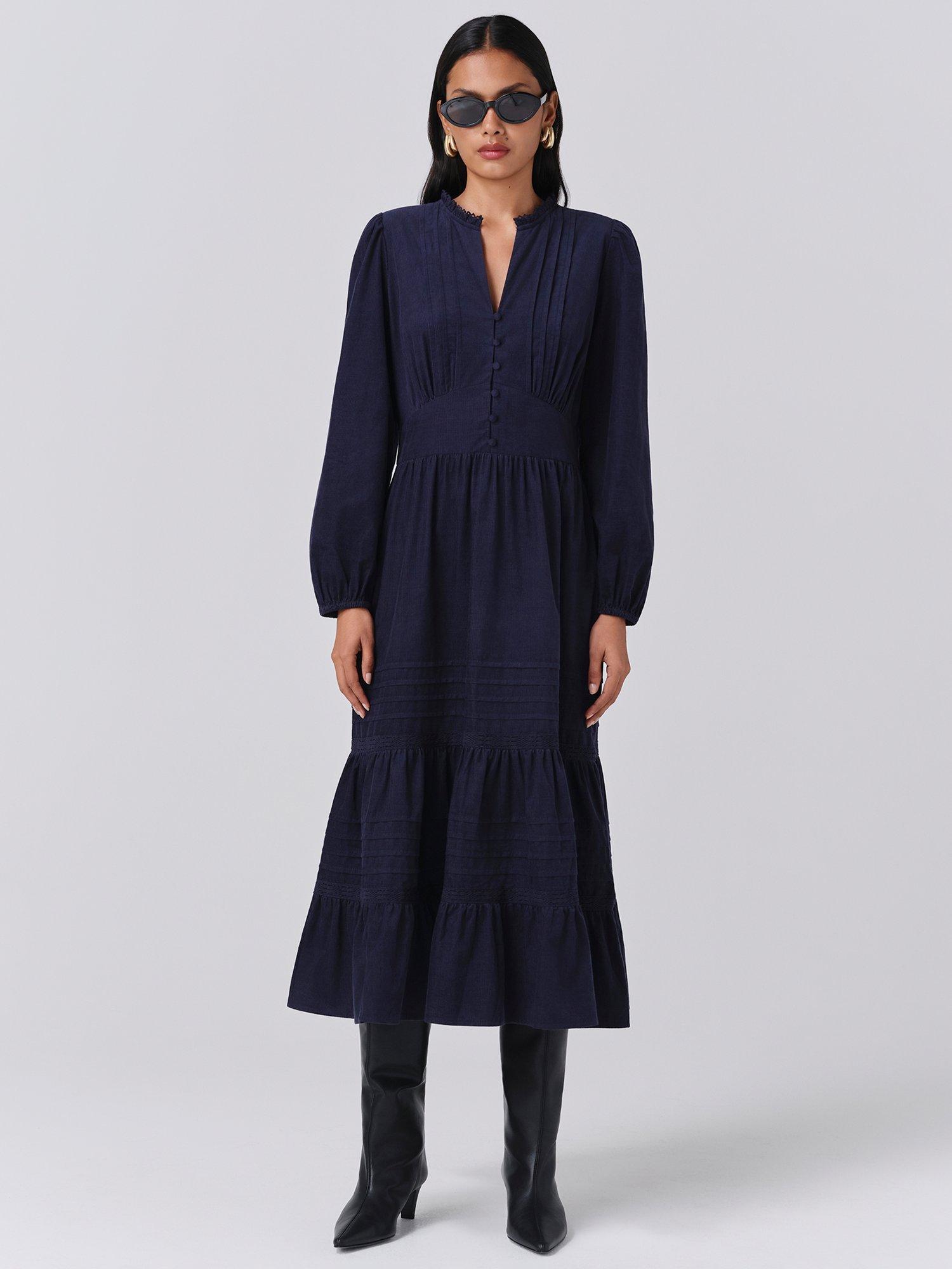 Product image 1 of 5, which shows Ghost Kamila Corduroy Midi Dress, Navy, XS