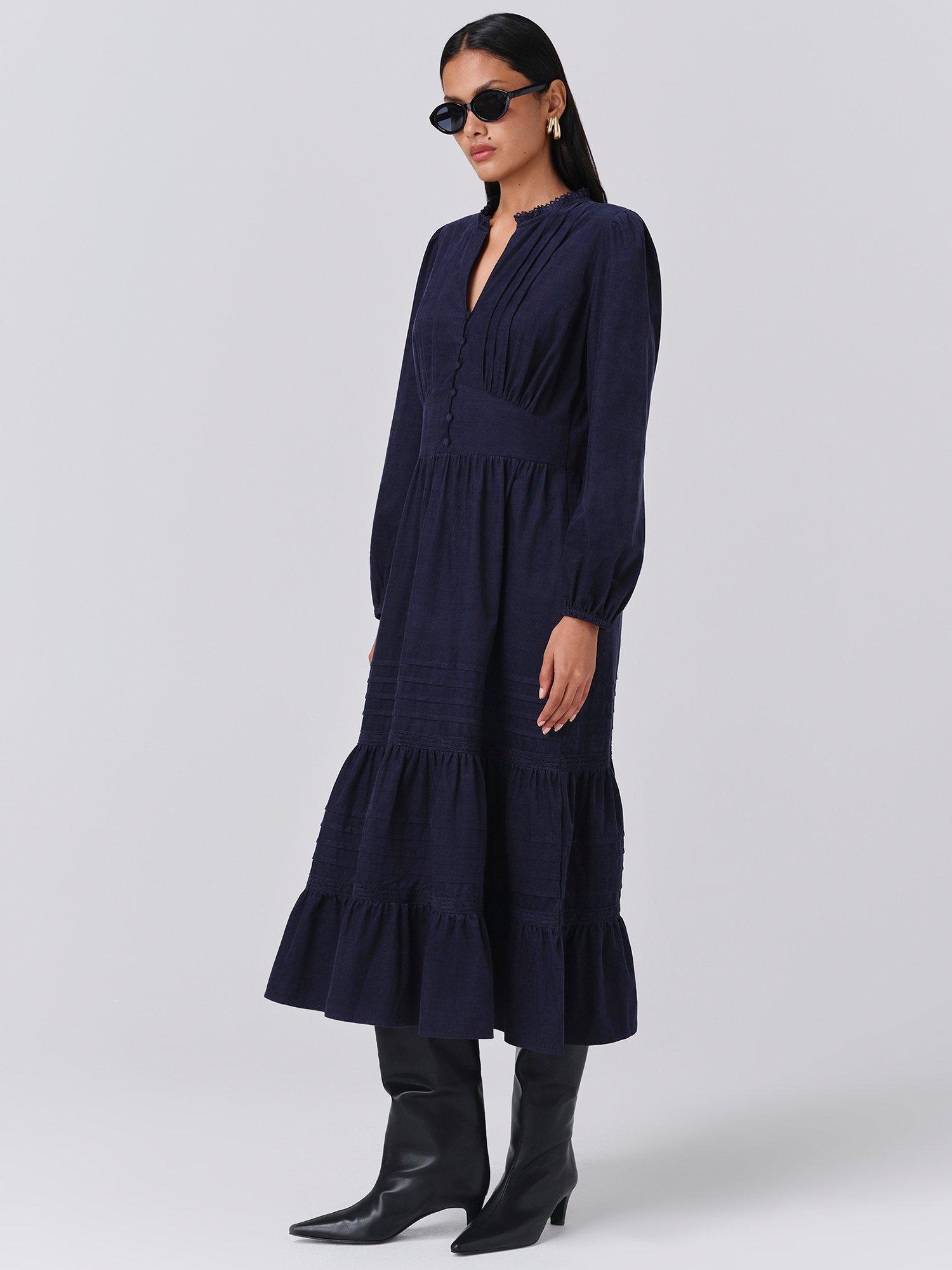 Product image 2 of 5, which shows Ghost Kamila Corduroy Midi Dress, Navy, XS
