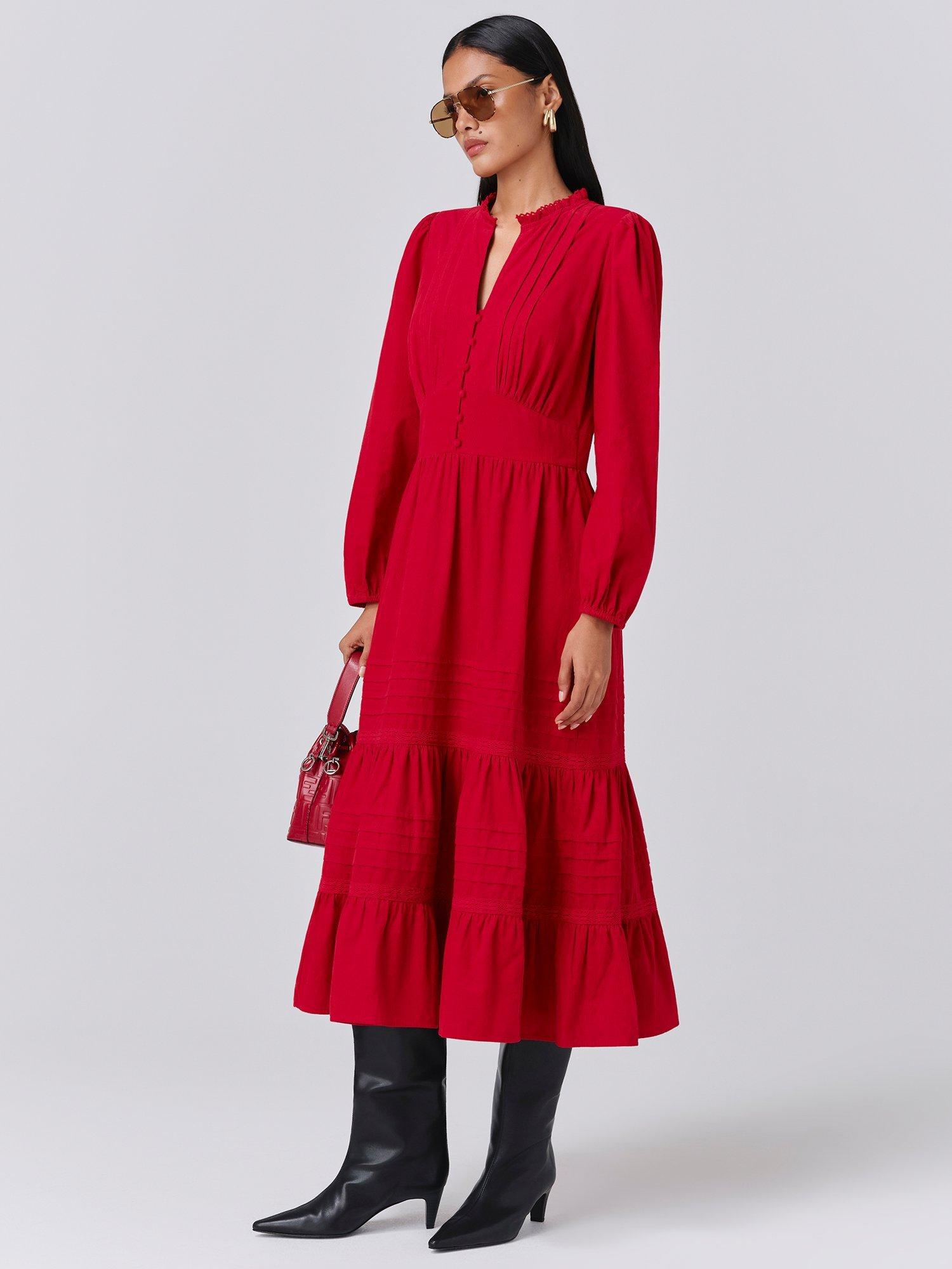 Product image 2 of 4, which shows Ghost Kamila Corduroy Midi Dress, Red, XS