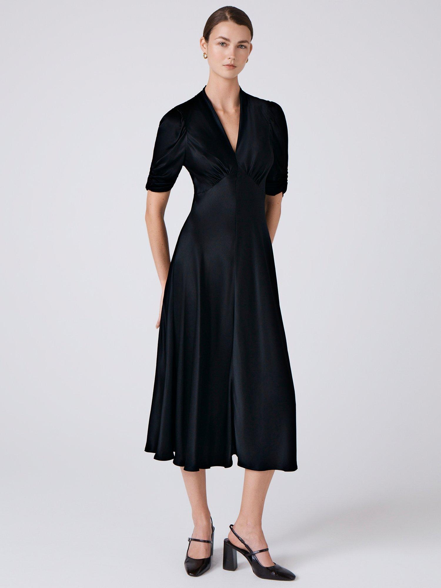 Product image 1 of 6, which shows Ghost Mia Satin Tea Dress, Black, XS