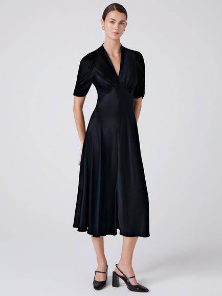 Ghost Mia Satin Tea Dress, Black