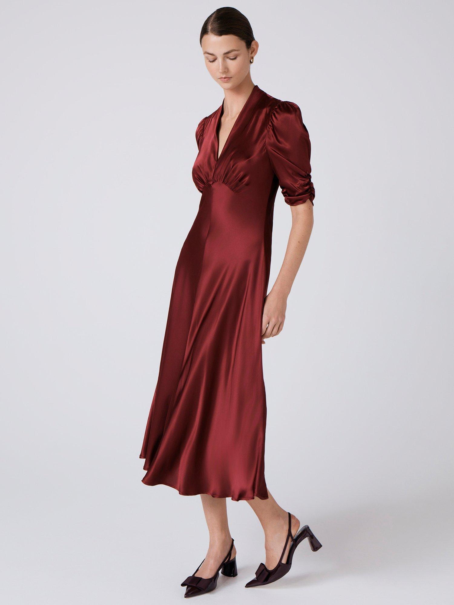 Product image 2 of 5, which shows Ghost Mia Satin Tea Dress, Burgundy, XS