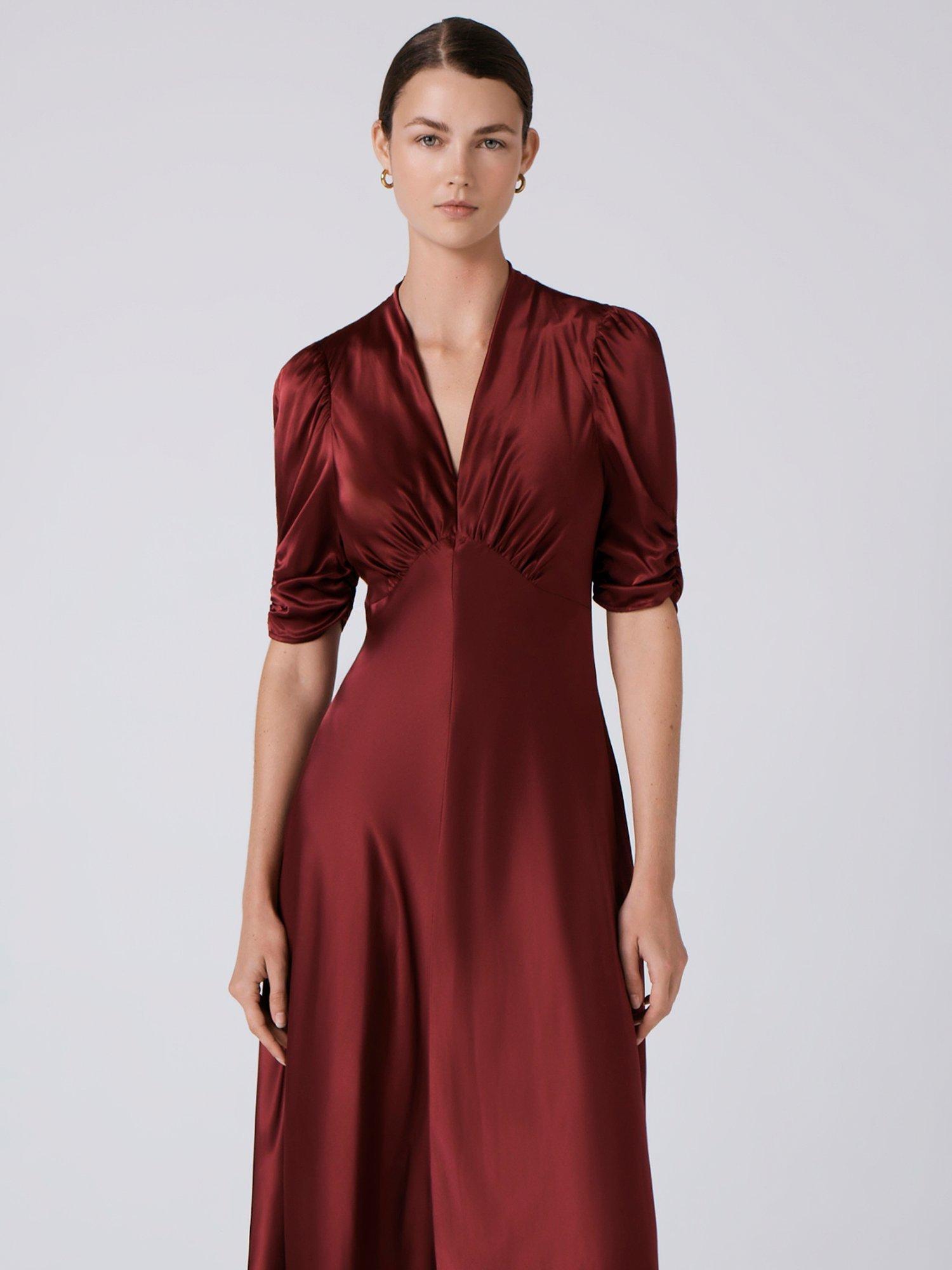 Product image 3 of 5, which shows Ghost Mia Satin Tea Dress, Burgundy, XS