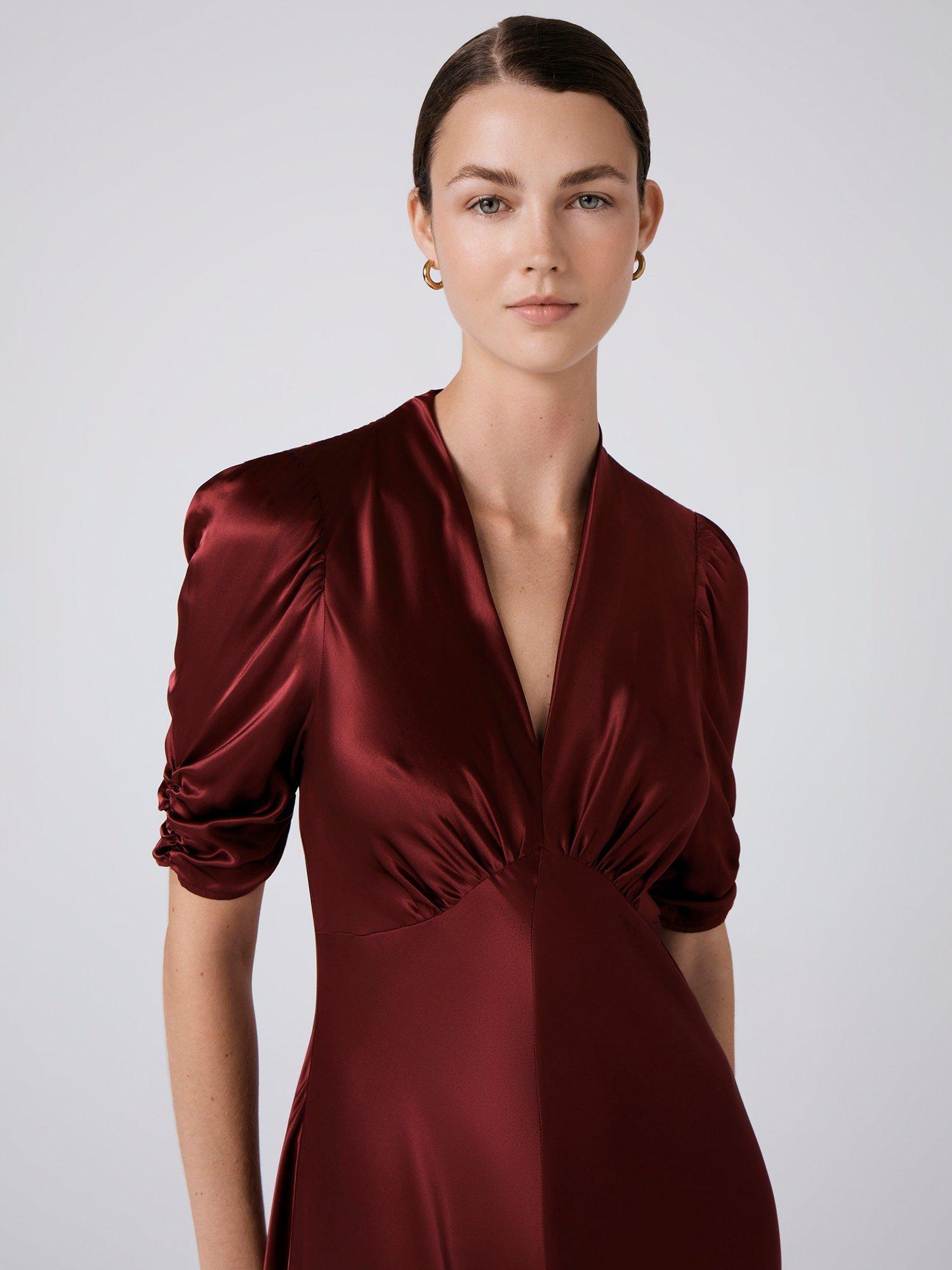 Product image 4 of 5, which shows Ghost Mia Satin Tea Dress, Burgundy, XS