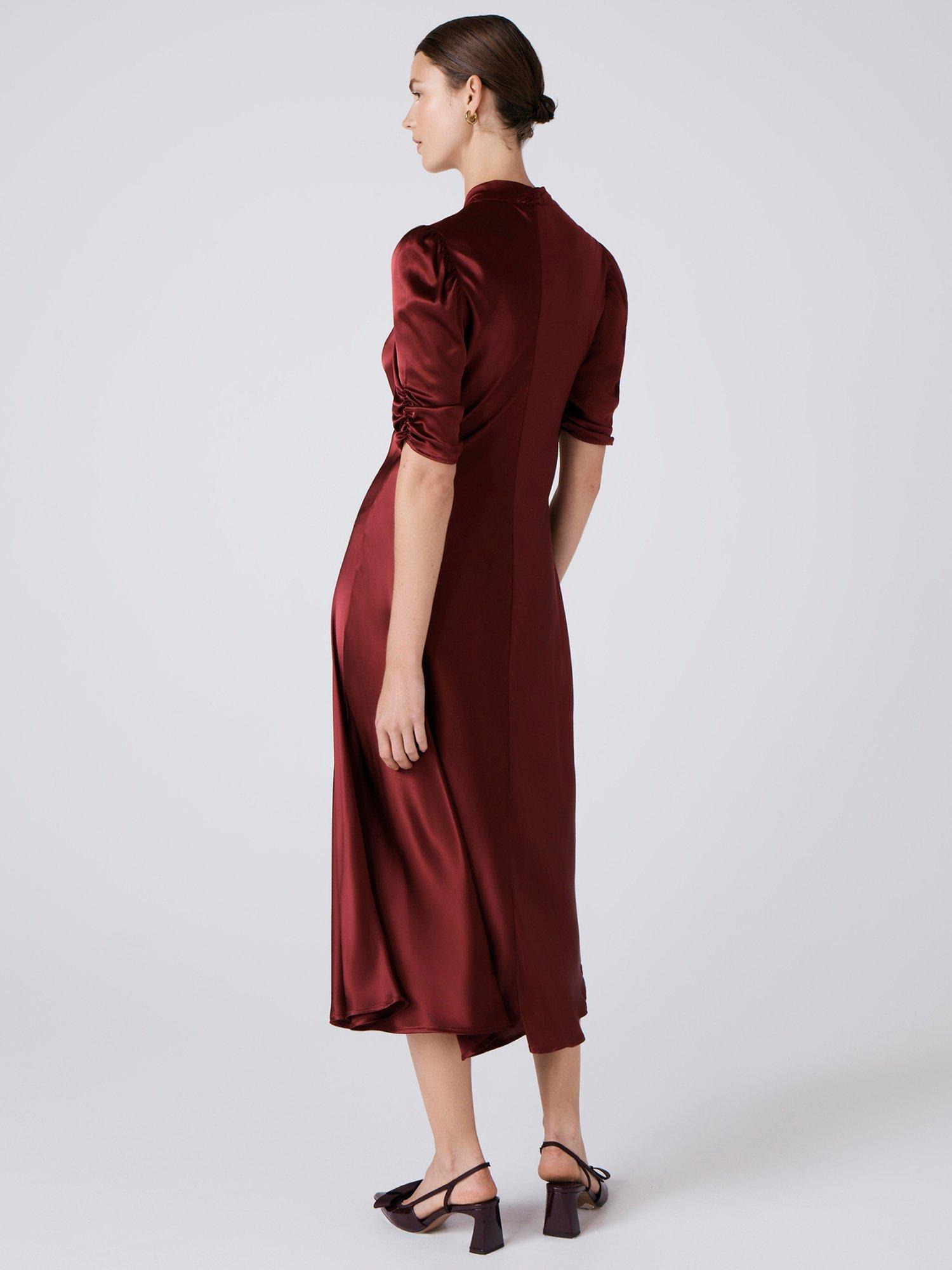 Product image 5 of 5, which shows Ghost Mia Satin Tea Dress, Burgundy, XS