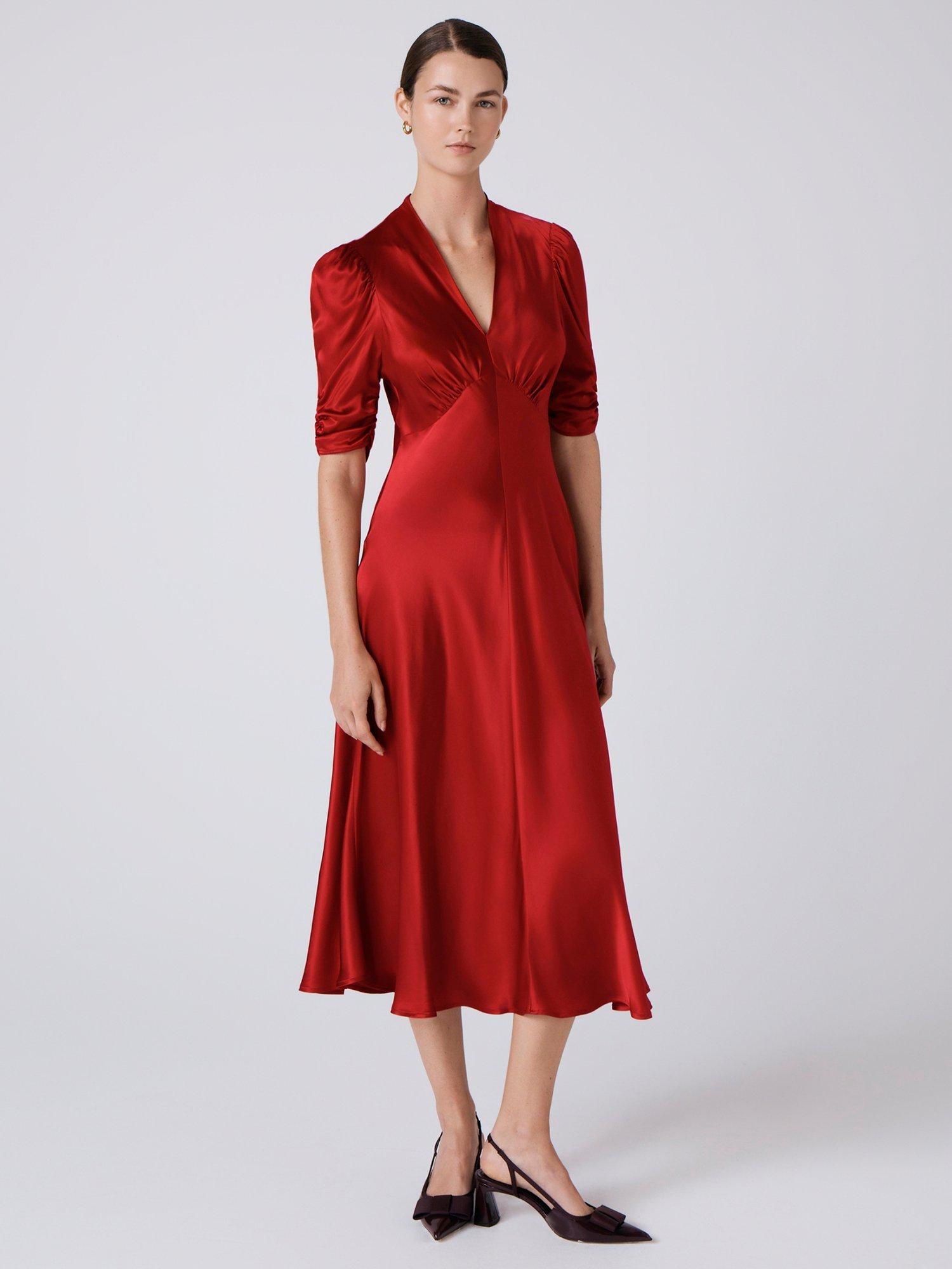 Product image 1 of 5, which shows Ghost Mia Satin Tea Dress, Red, XS