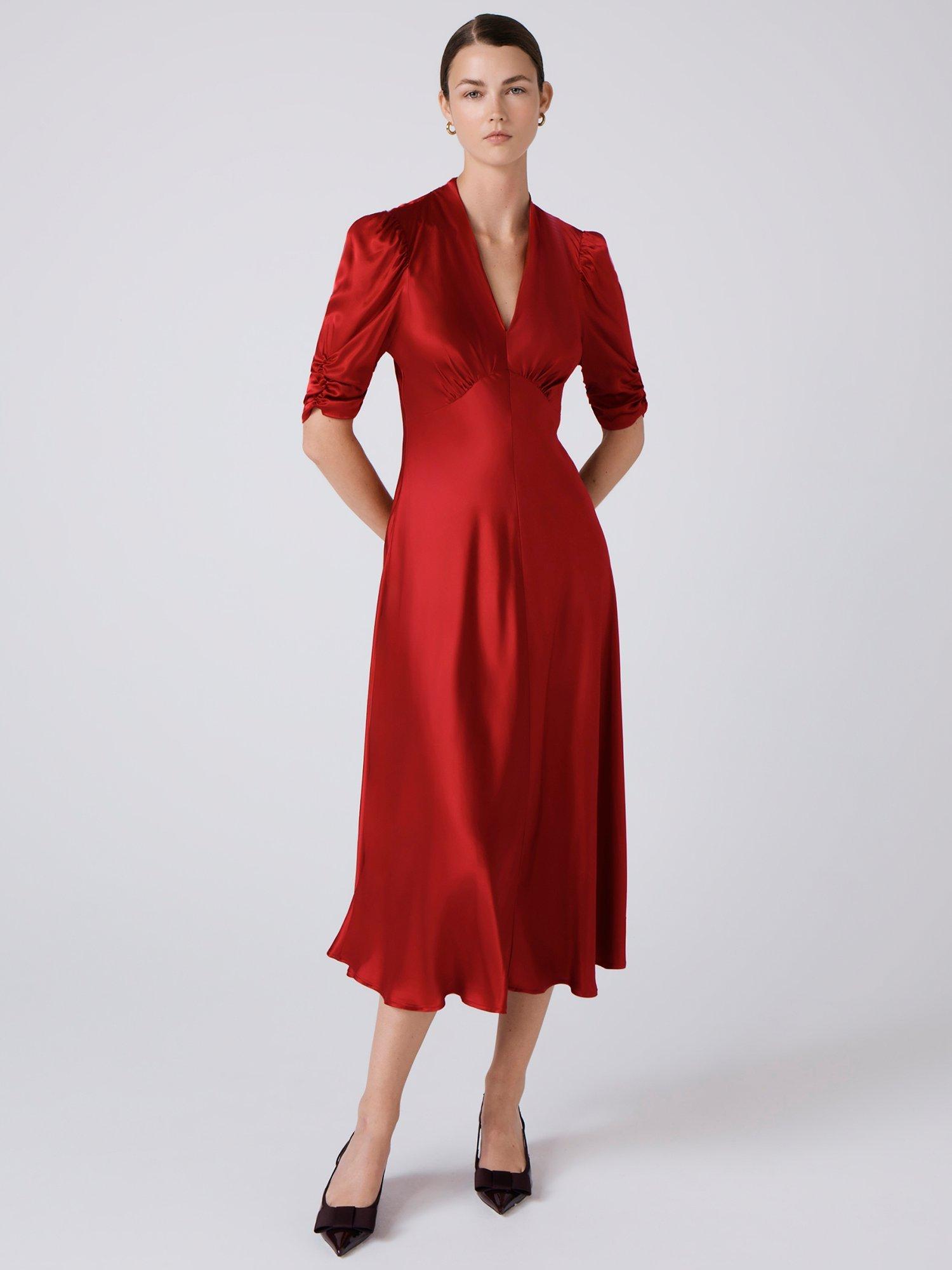 Product image 2 of 5, which shows Ghost Mia Satin Tea Dress, Red, XS