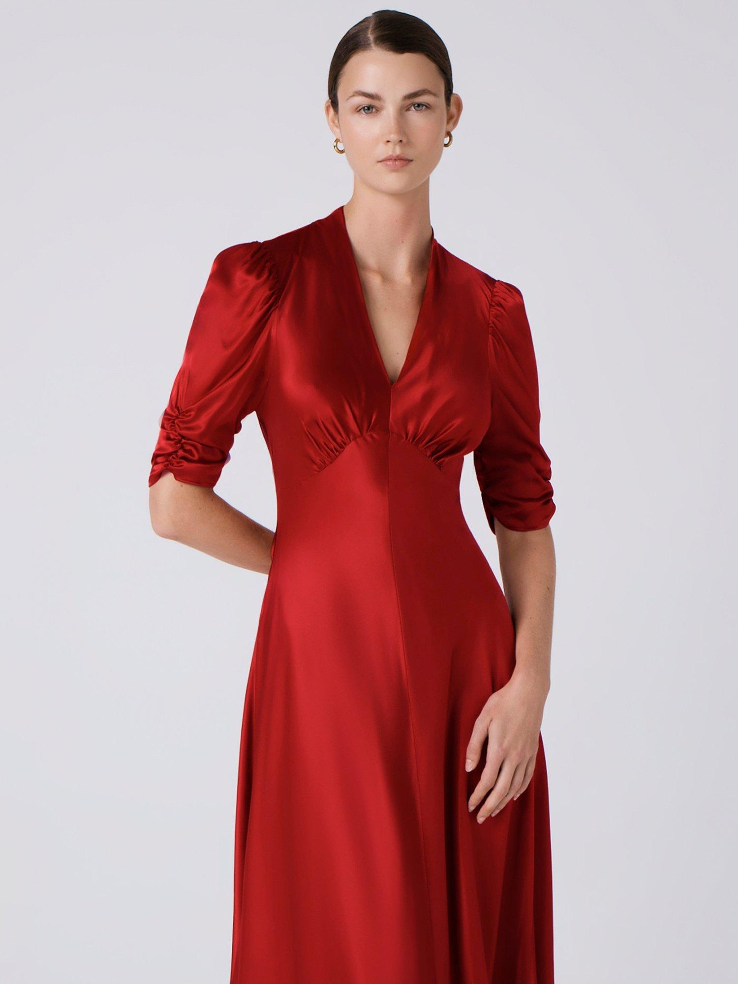 Product image 3 of 5, which shows Ghost Mia Satin Tea Dress, Red, XS