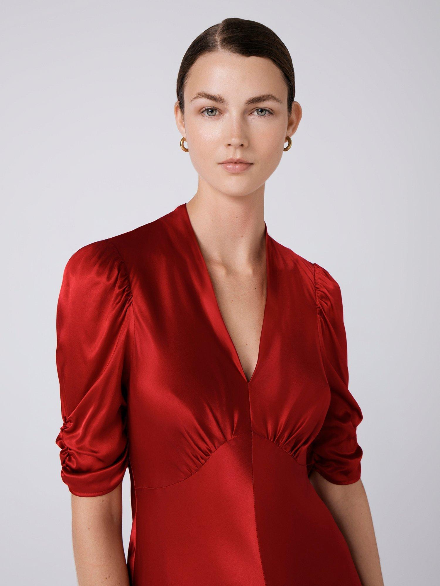 Product image 4 of 5, which shows Ghost Mia Satin Tea Dress, Red, XS